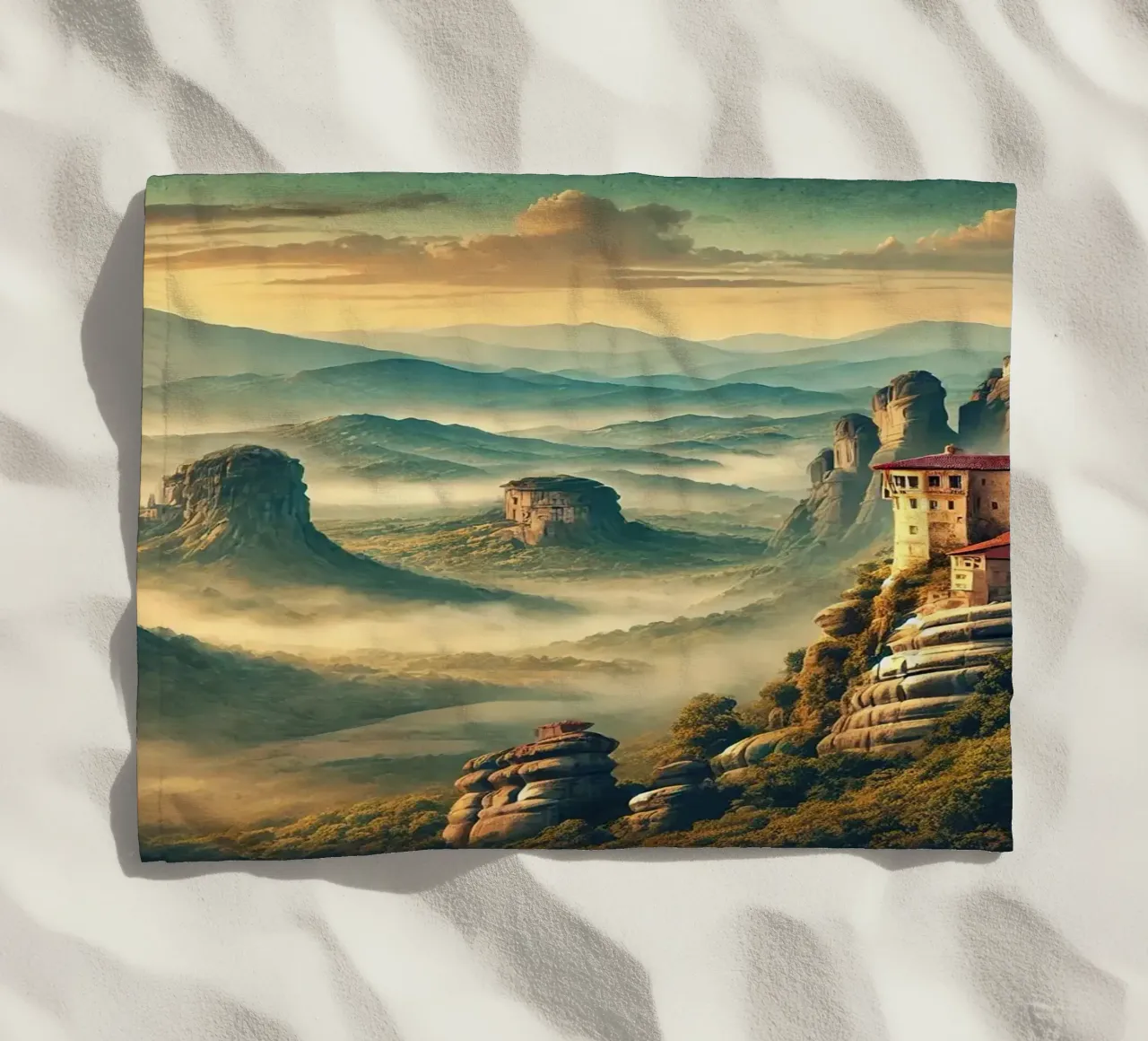 Vintage Greece, Meteora Monasteries Poster beach towel by Chromatic Fusion Studio