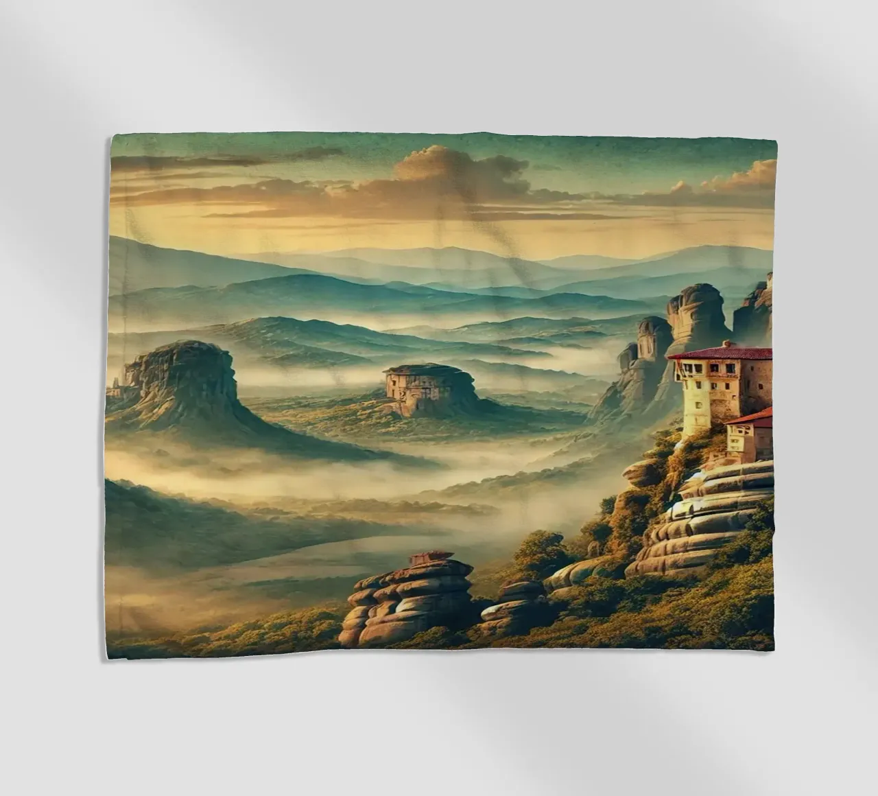 Vintage Greece, Meteora Monasteries Poster beach towel by Chromatic Fusion Studio