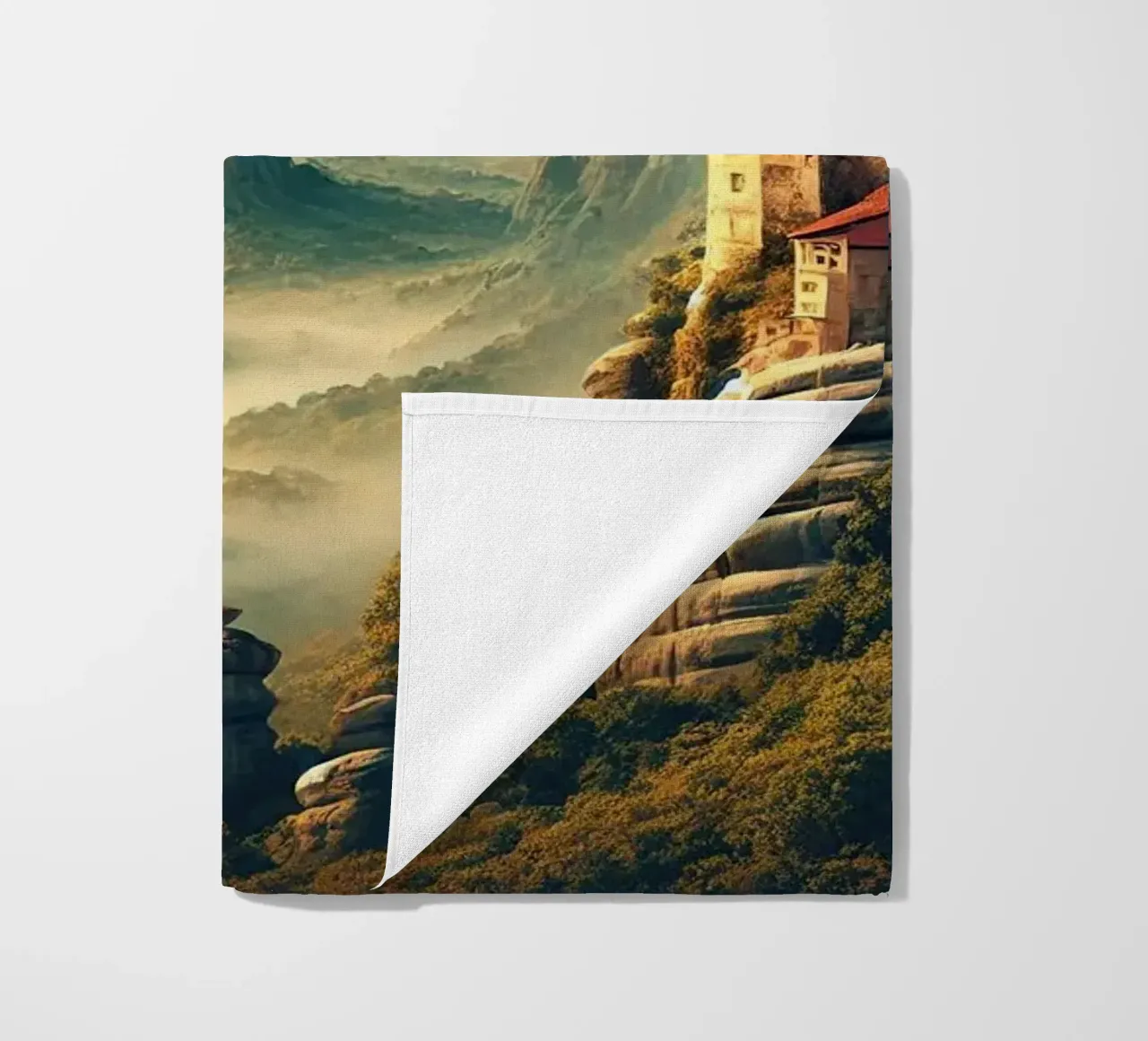 Vintage Greece, Meteora Monasteries Poster beach towel by Chromatic Fusion Studio