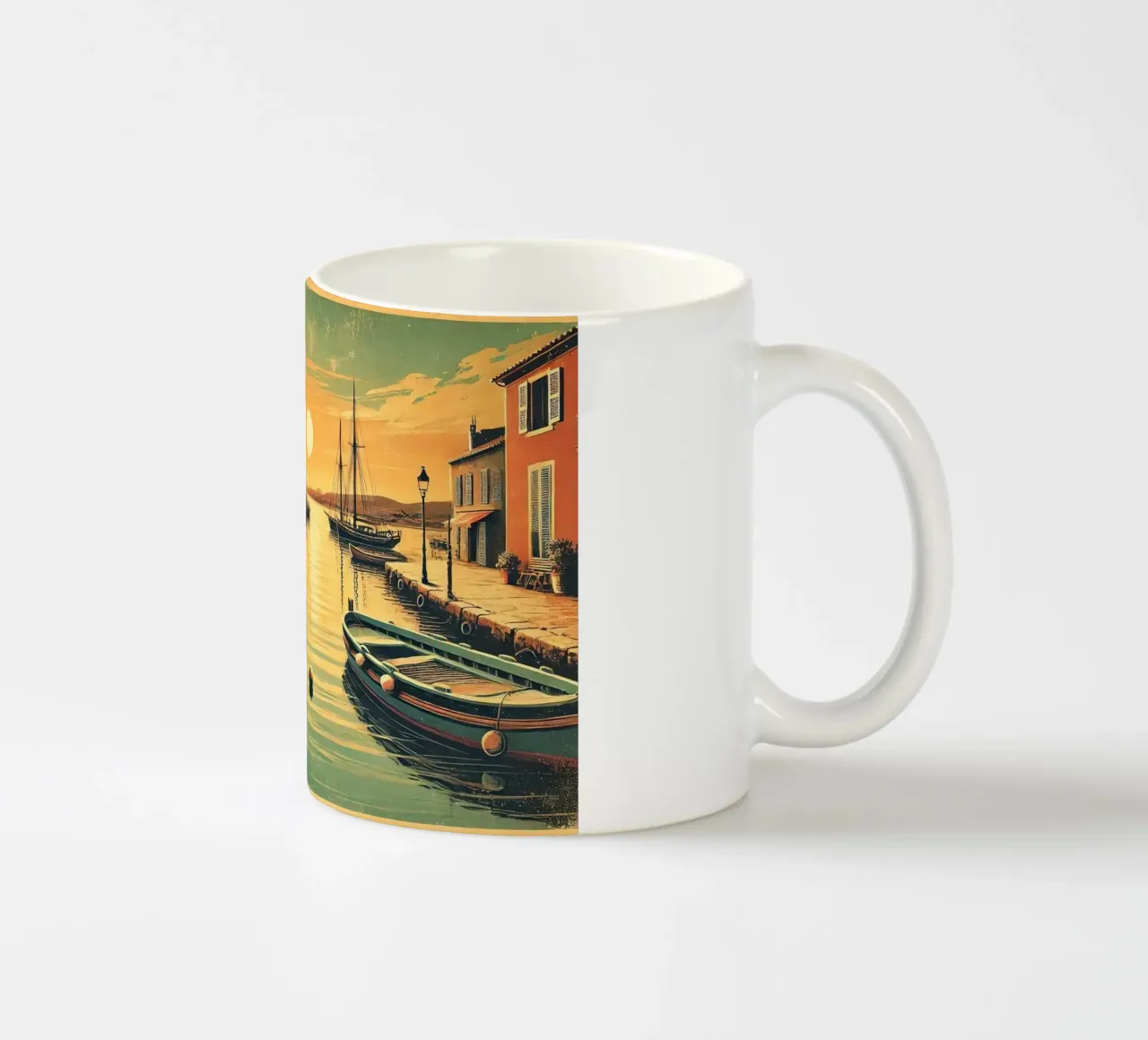 Poster d'epoca sul tramonto del porto tazza in ceramica da Chromatic Fusion Studio