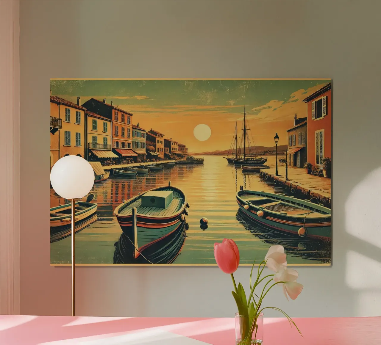Poster d'epoca sul tramonto del porto poster con telaio in alluminio da Chromatic Fusion Studio