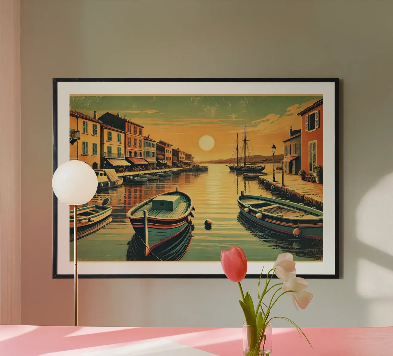 Poster d'epoca sul tramonto del porto poster con telaio in alluminio da Chromatic Fusion Studio