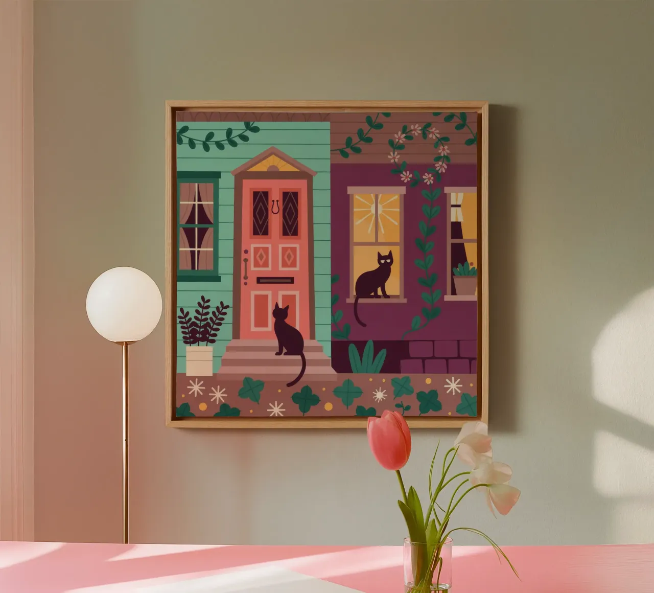 Whimsical Cat Abode canvas with Floater frame by Murni Strokes