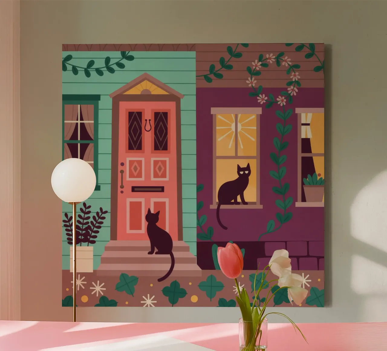 Whimsical Cat Abode canvas with Floater frame by Murni Strokes