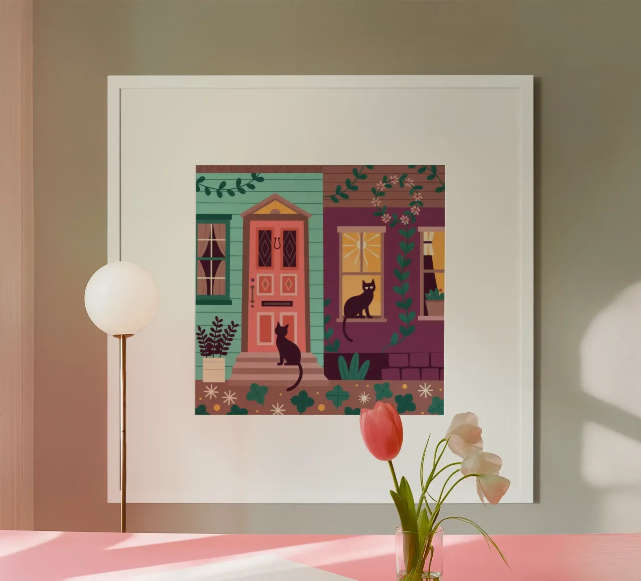 Una stravagante dimora per gatti poster con telaio in legno da Murni Strokes