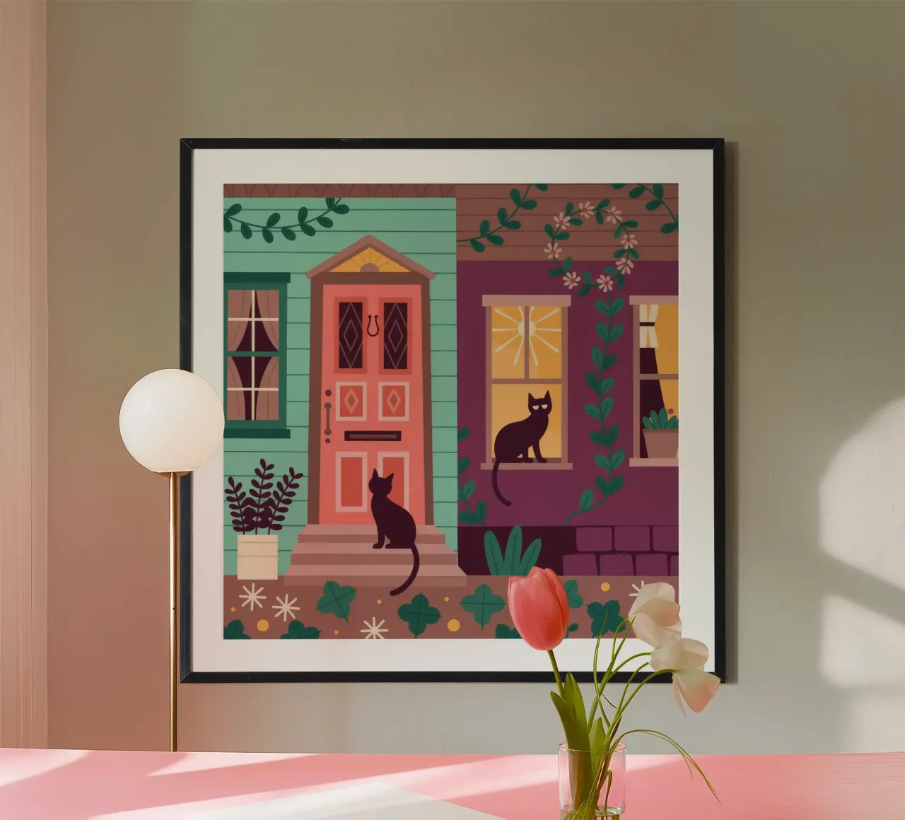 Una stravagante dimora per gatti poster con telaio in legno da Murni Strokes