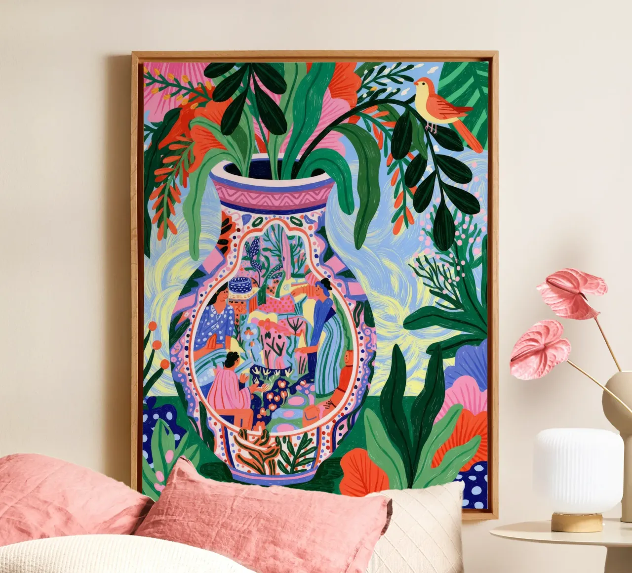 Exotic Vase Fantasy canvas with Floater frame by Murni Strokes