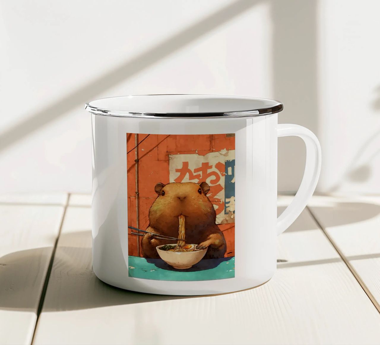 Tagliatelle di ramen Capybara tazza in smalto da Margaret Marie Ostrout