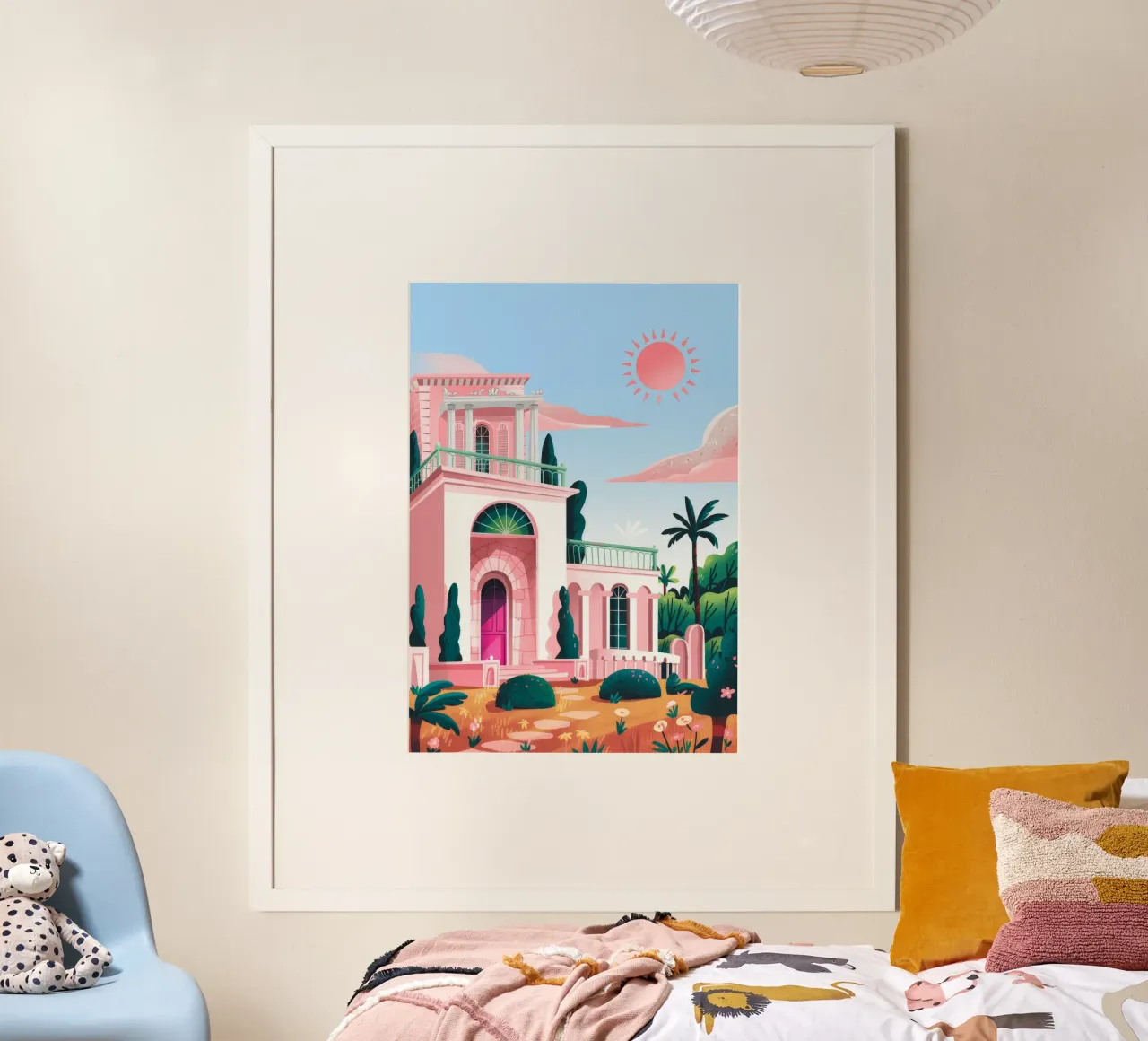 Majestueuze Zonsondergang Villa poster met aluminium frame van Murni Strokes