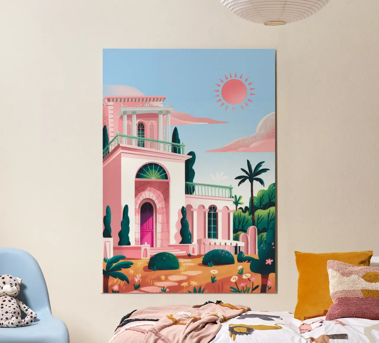 Majestueuze Zonsondergang Villa poster met aluminium frame van Murni Strokes