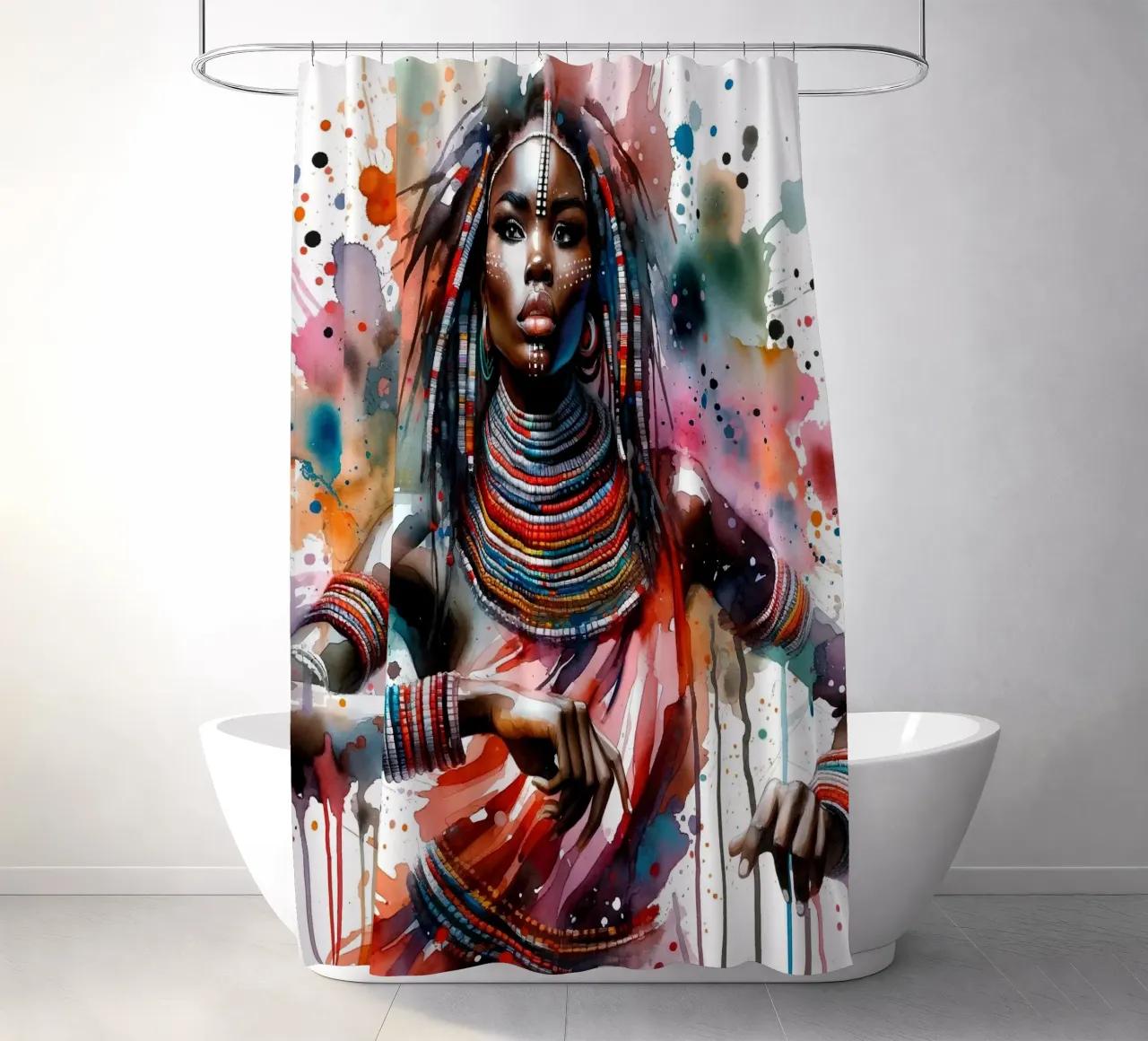 Danzatrice africana ad acquerello tenda da doccia da Chromatic Fusion Studio