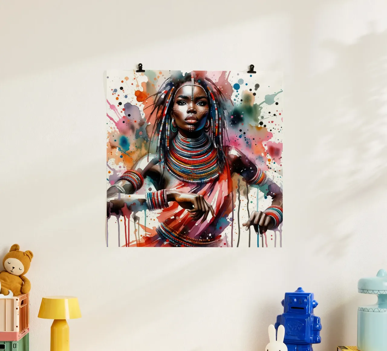 Danzatrice africana ad acquerello poster con telaio in plastica da Chromatic Fusion Studio