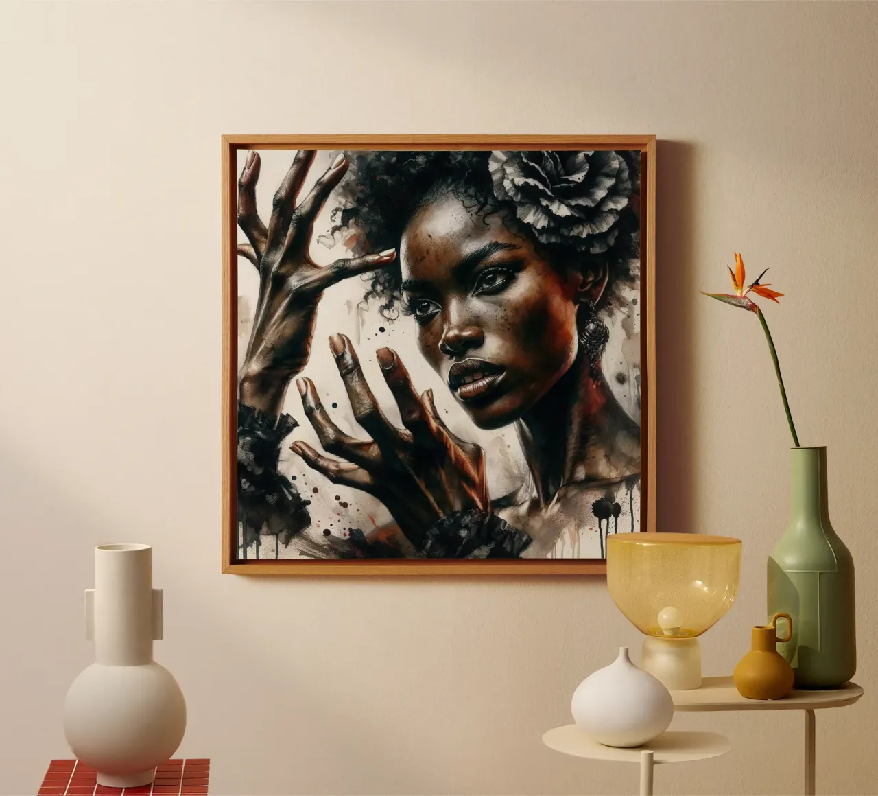 Aquarel Afro-Amerikaanse Flamencodanseres canvas met Baklijst van Chromatic Fusion Studio