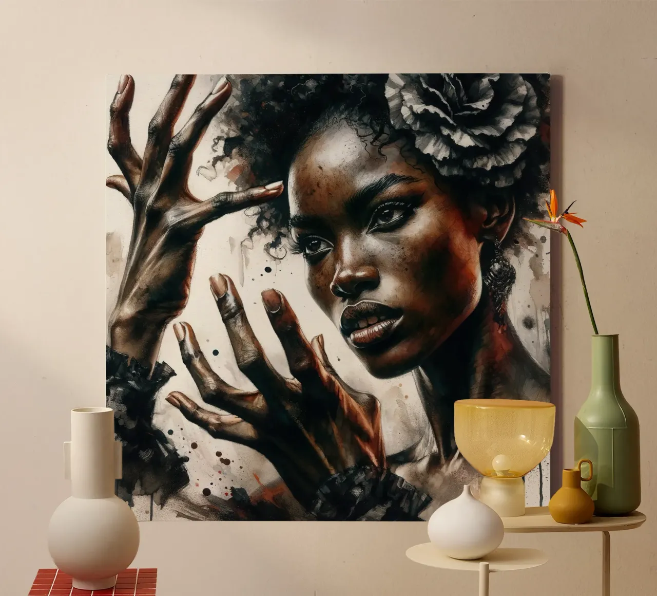 Aquarel Afro-Amerikaanse Flamencodanseres canvas met Baklijst van Chromatic Fusion Studio
