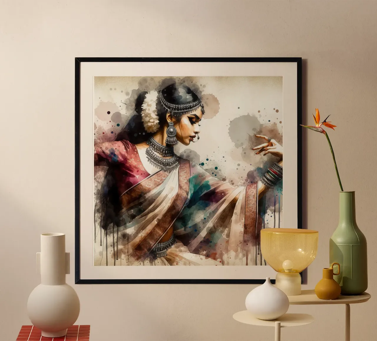 Aquarel Indiaanse Vrouw Danseres poster met kunststof frame van Chromatic Fusion Studio