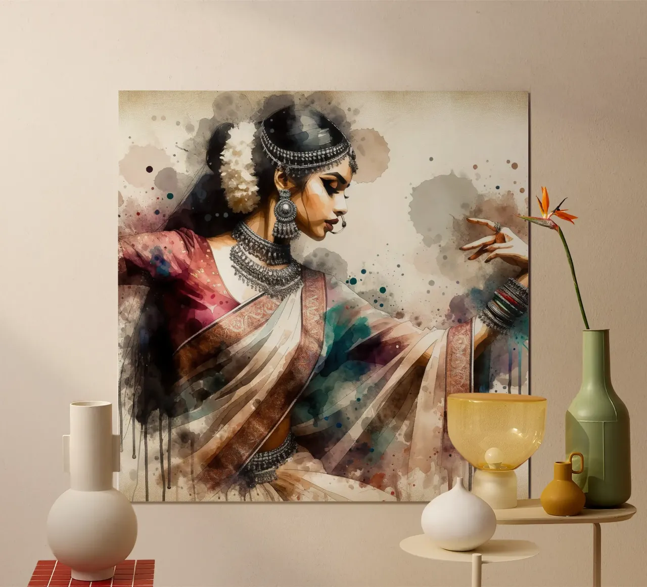 Aquarel Indiaanse Vrouw Danseres poster met kunststof frame van Chromatic Fusion Studio