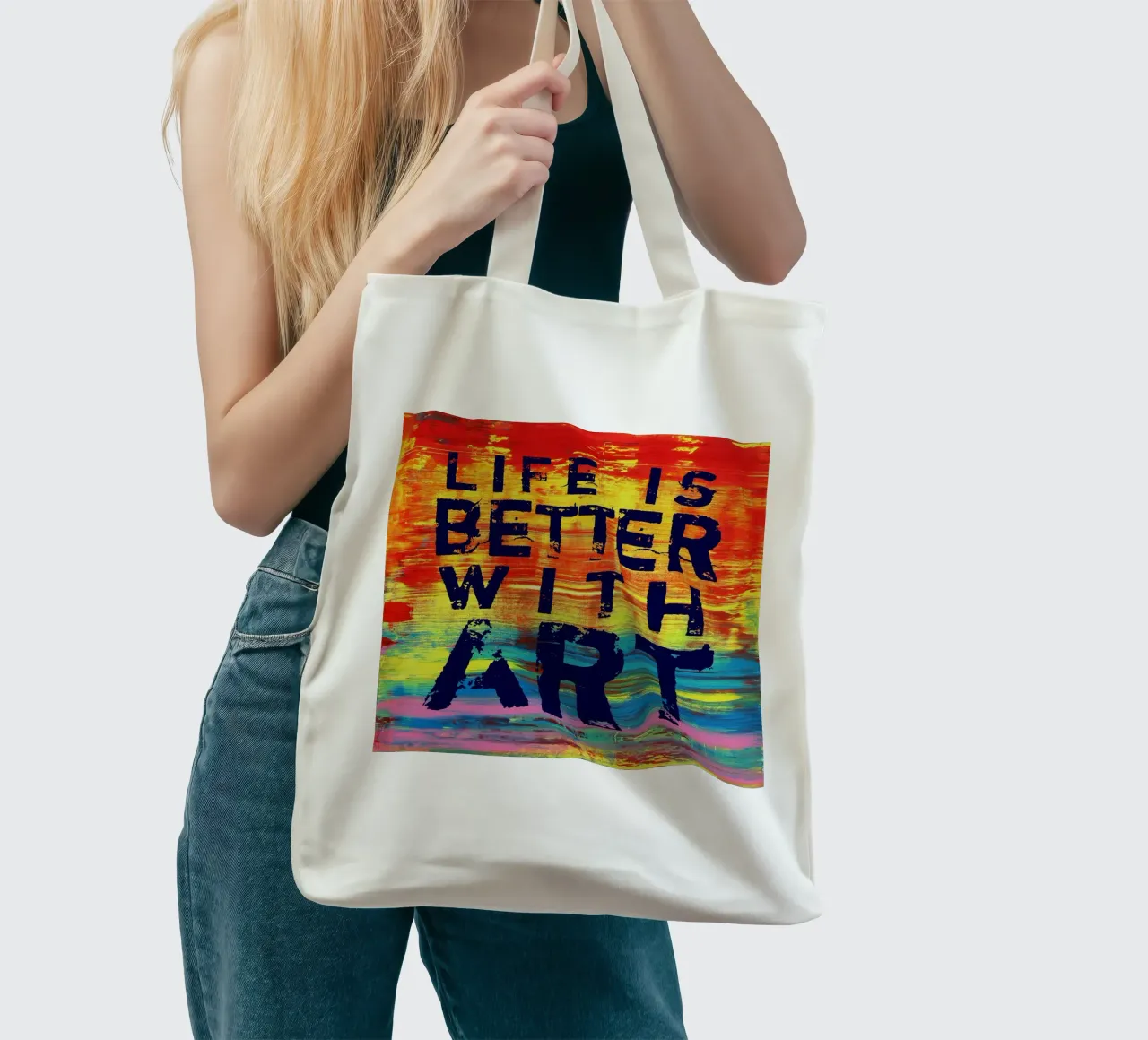 'Life is Better with Art' Farbenfrohe abstrakte Kunst borsa in juta da Petra Lang