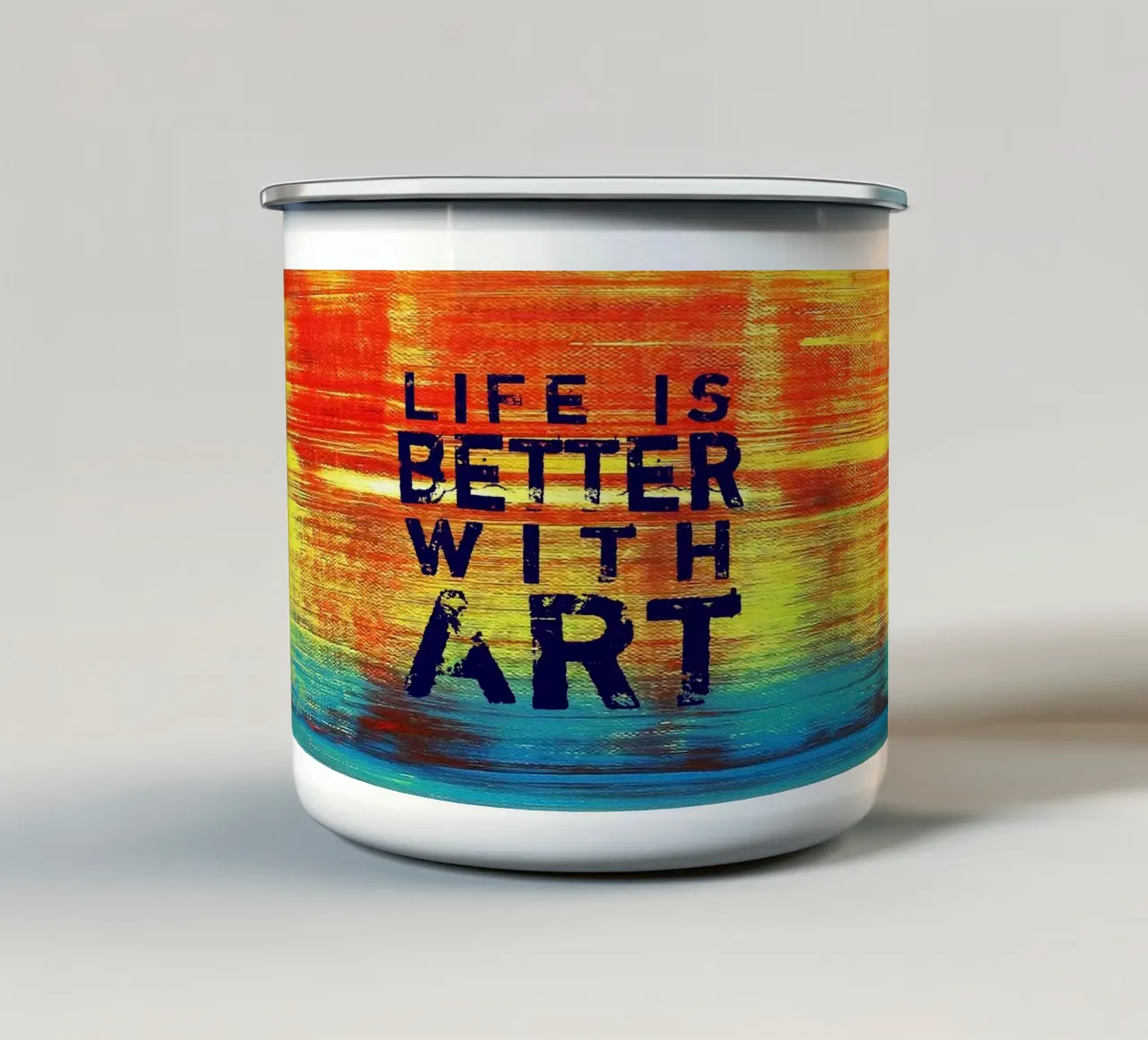 'Life is Better with Art' Farbenfrohe abstrakte Kunst Emaille Tasse von Petra Lang