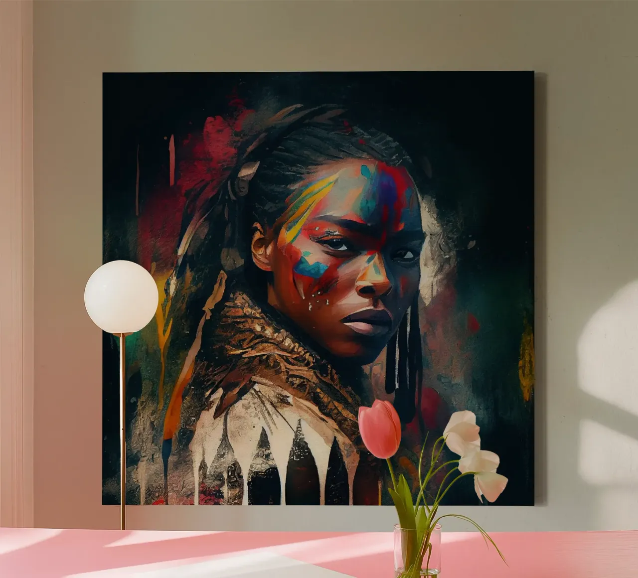 Krachtige Amerikaanse inheemse krijgervrouw canvas met Baklijst van Chromatic Fusion Studio