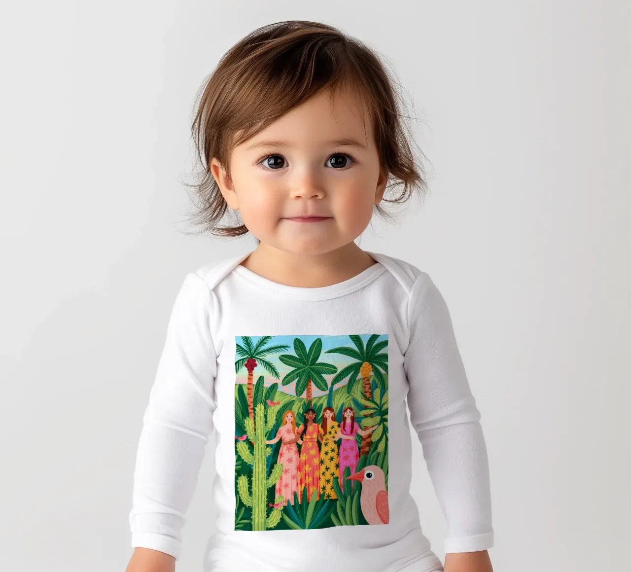 Tropical Harmony long-sleeve baby romper by Murni Strokes