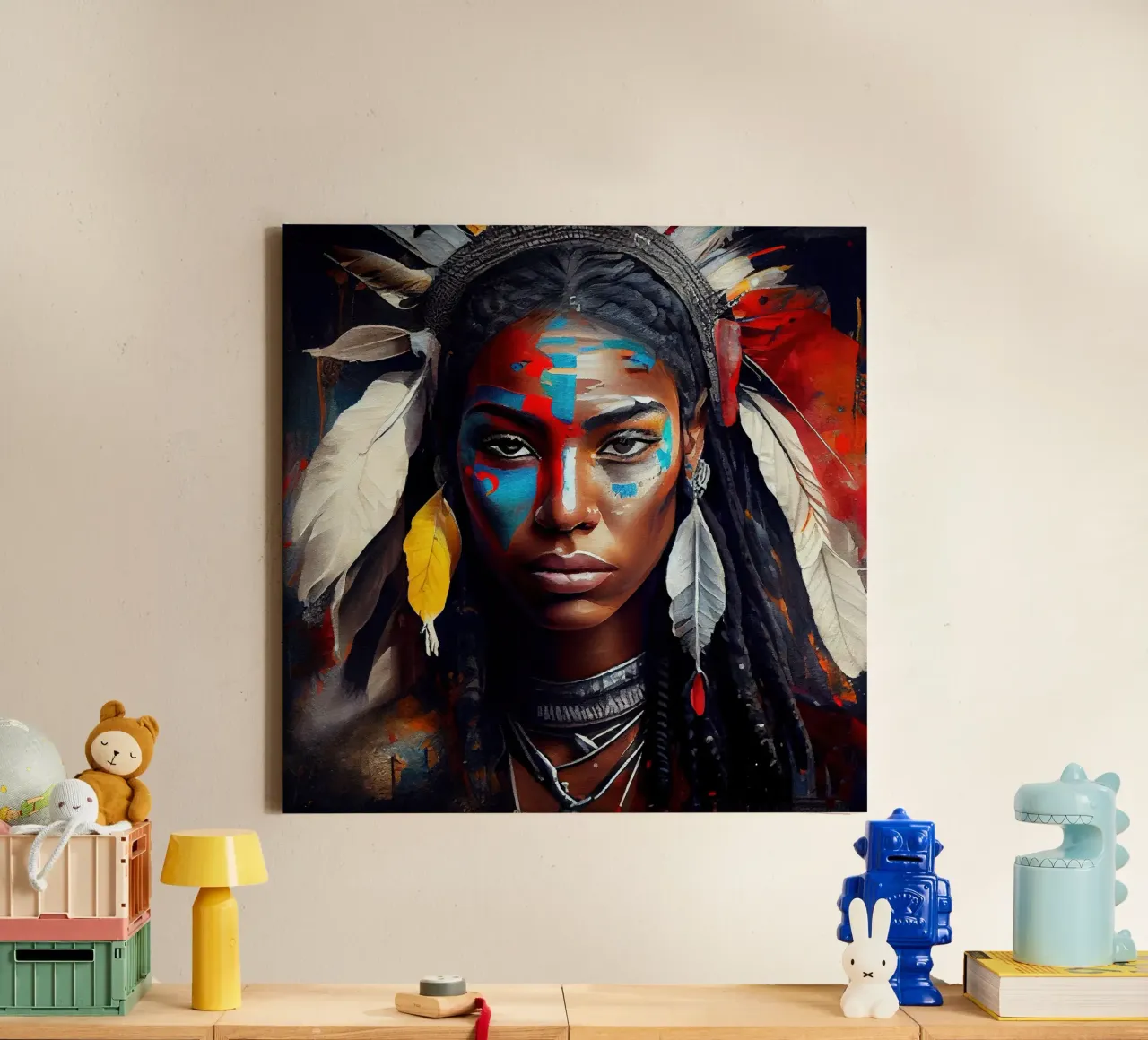 Krachtige Amerikaanse inheemse krijgervrouw canvas met Baklijst van Chromatic Fusion Studio