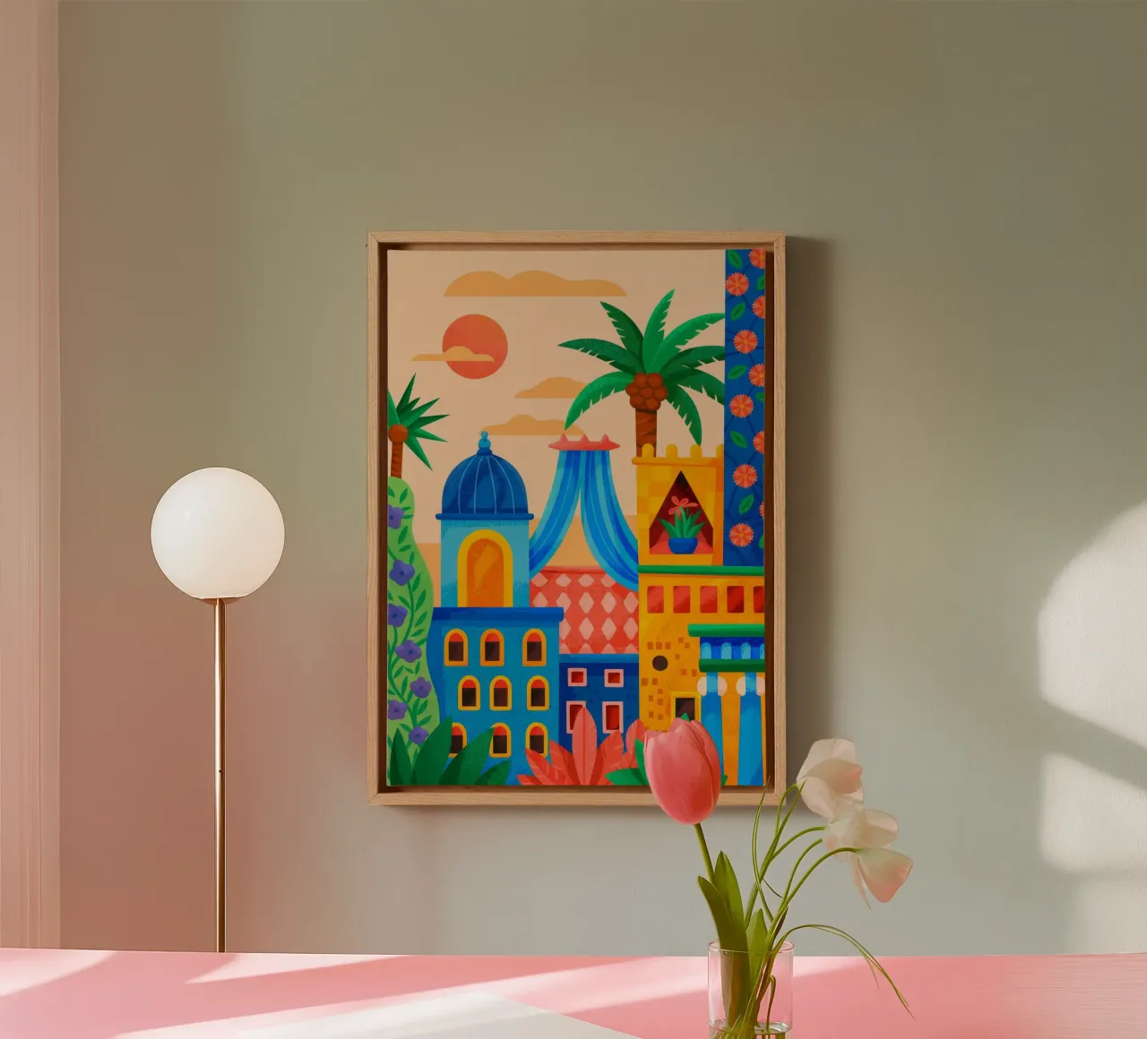 Oase van de zonsondergang canvas met Baklijst van Murni Strokes