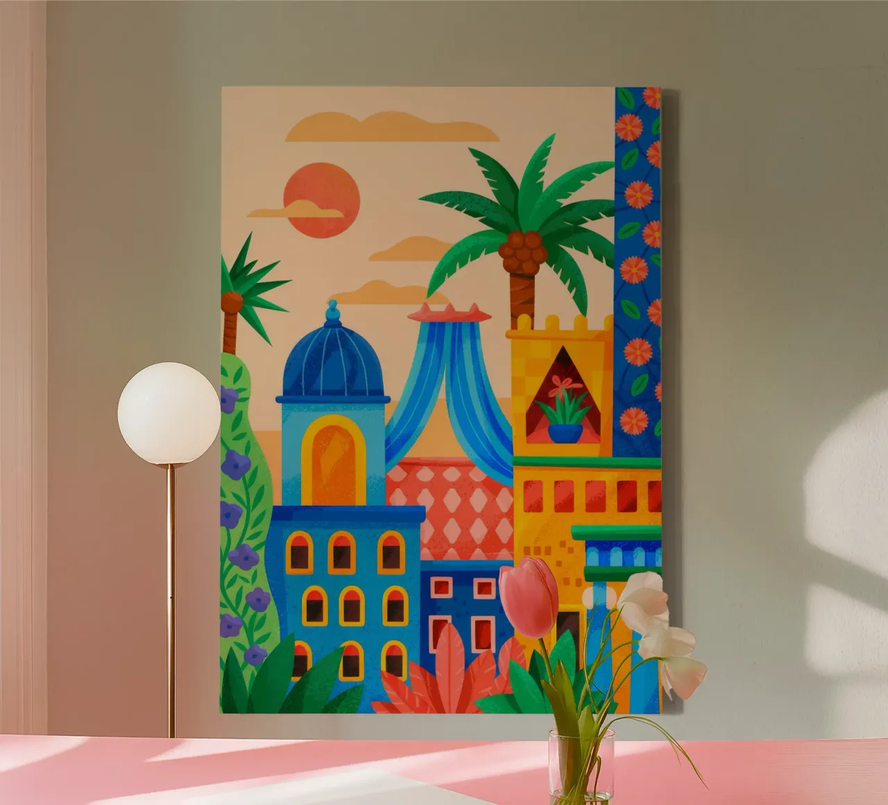 Oase van de zonsondergang canvas met Baklijst van Murni Strokes