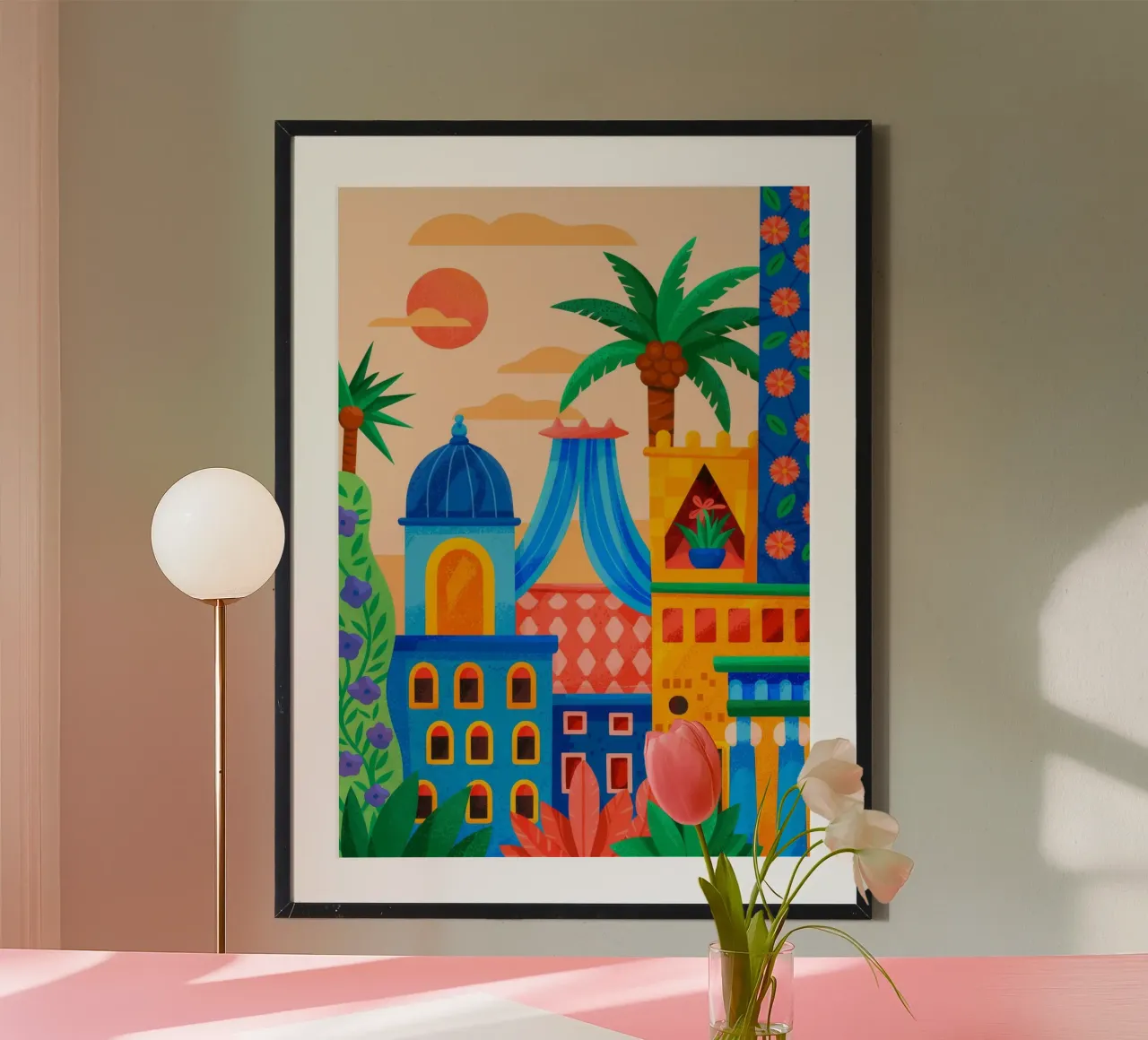 Oasis du coucher du soleil poster avec cadre en bois de Murni Strokes