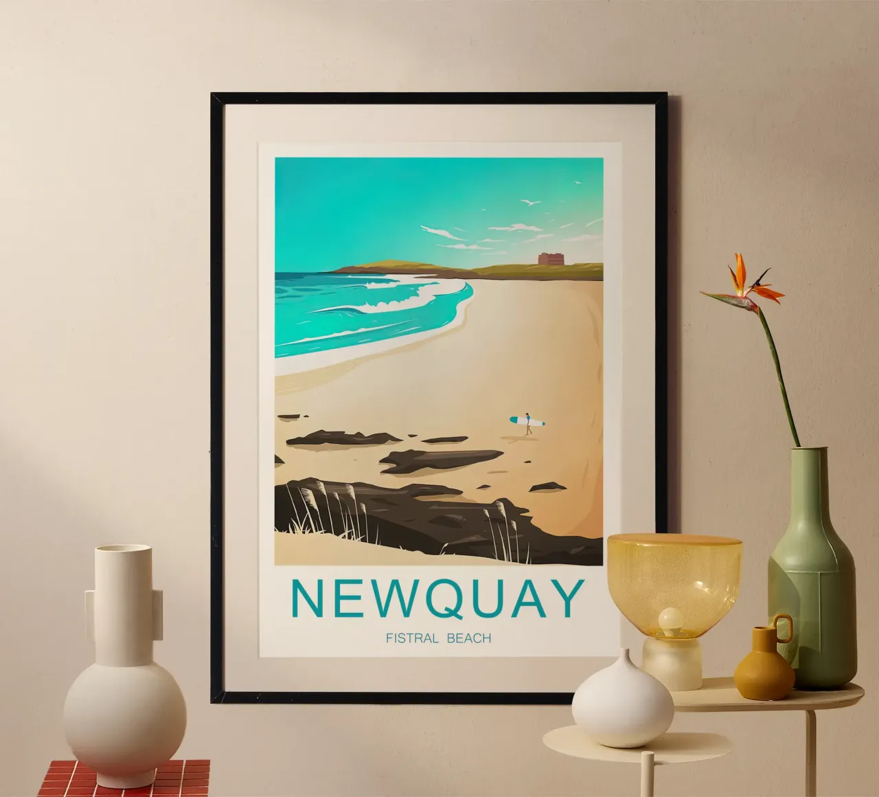 Viaggi d'epoca Cornovaglia Newquay poster con telaio in plastica da Liliestudio
