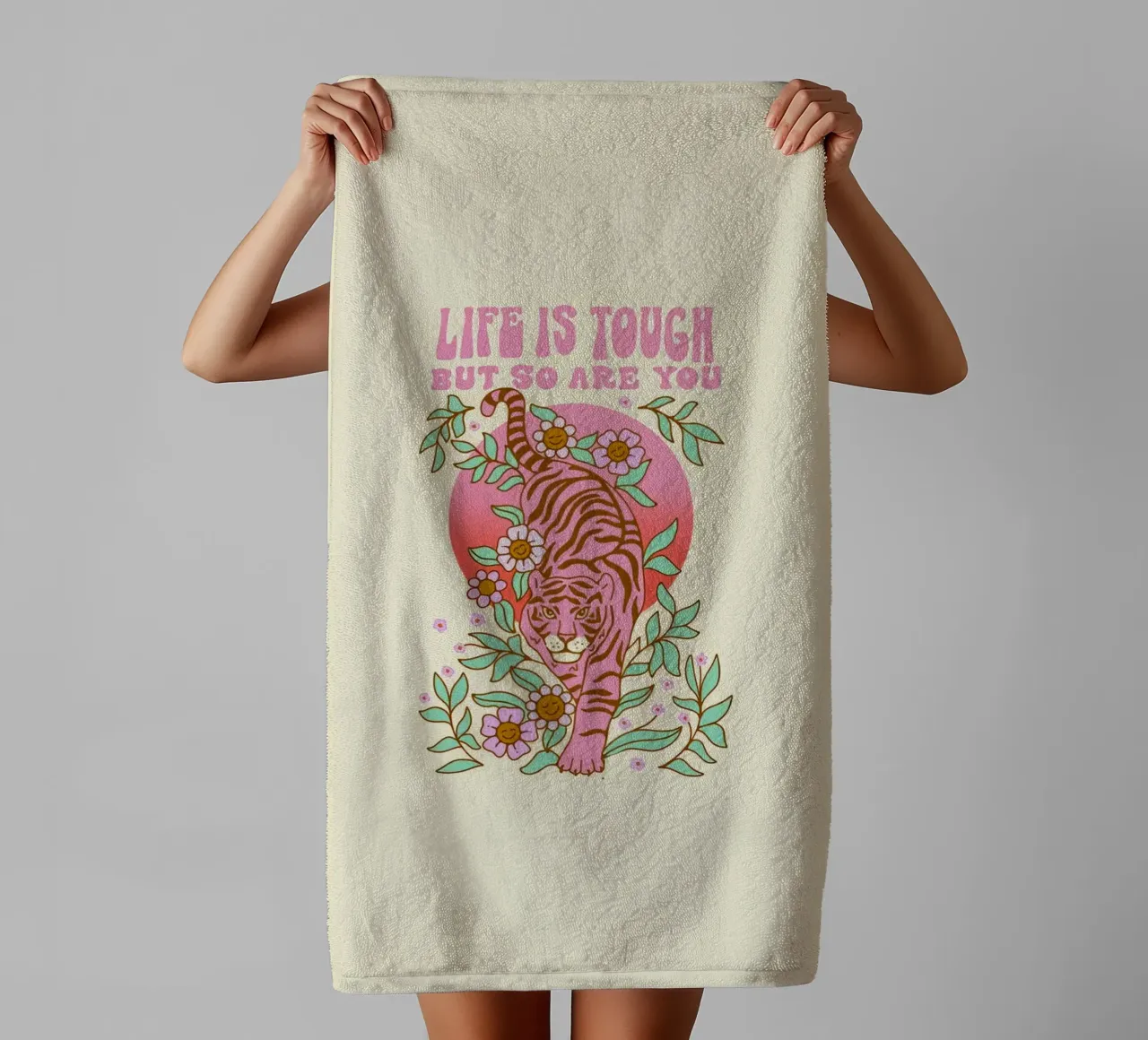 Life Is Tough Roze Tijger | Retro Boho Kunstdruk badhanddoek van NorwesClub