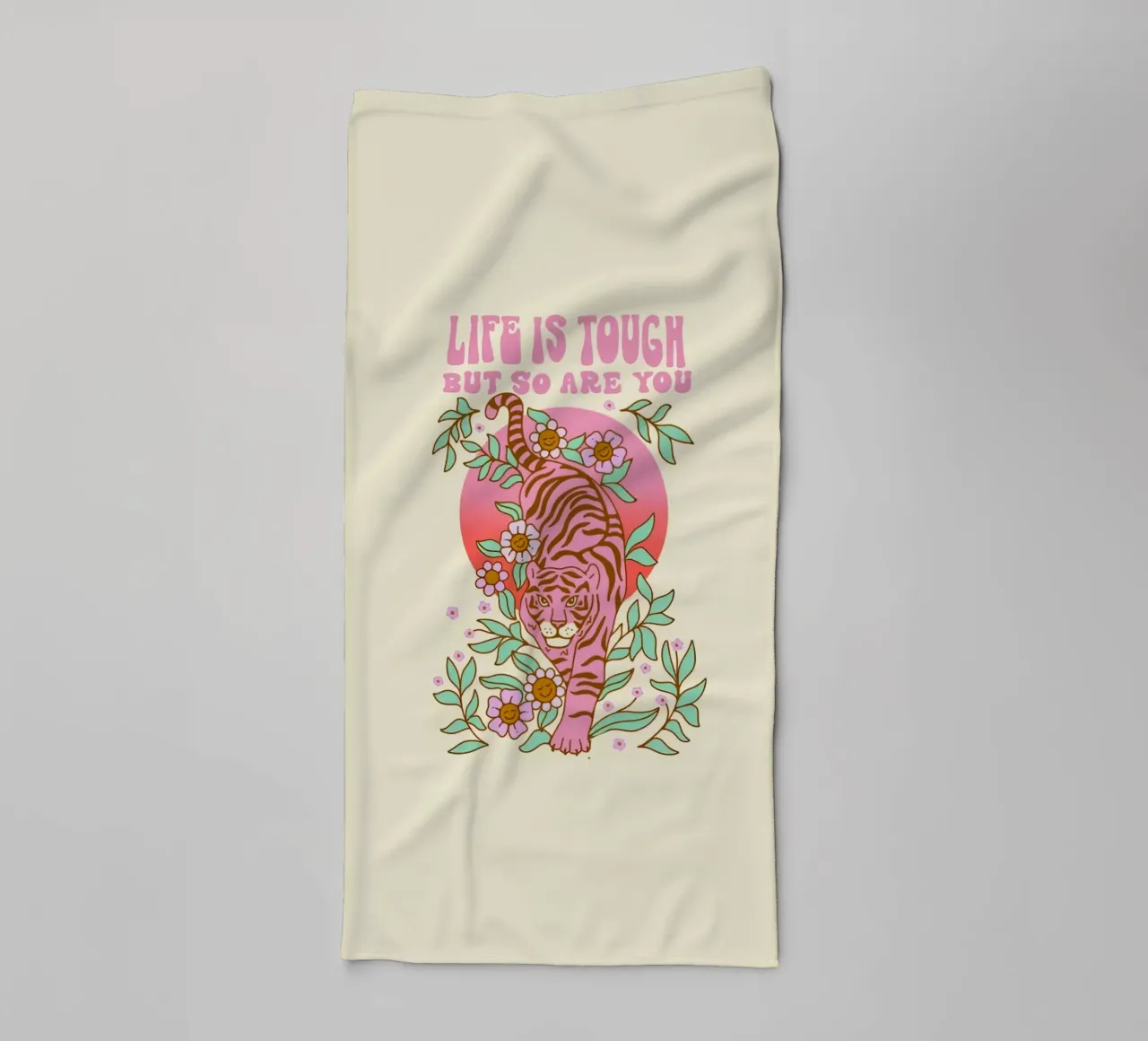 Life Is Tough Roze Tijger | Retro Boho Kunstdruk badhanddoek van NorwesClub