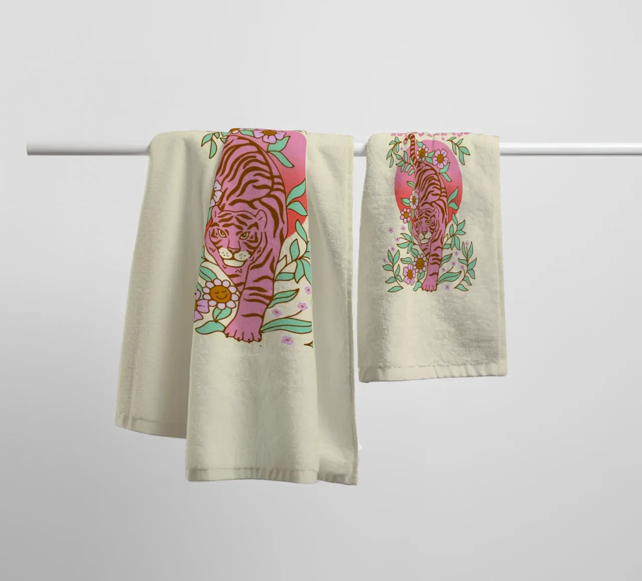 Life Is Tough Roze Tijger | Retro Boho Kunstdruk badhanddoek van NorwesClub