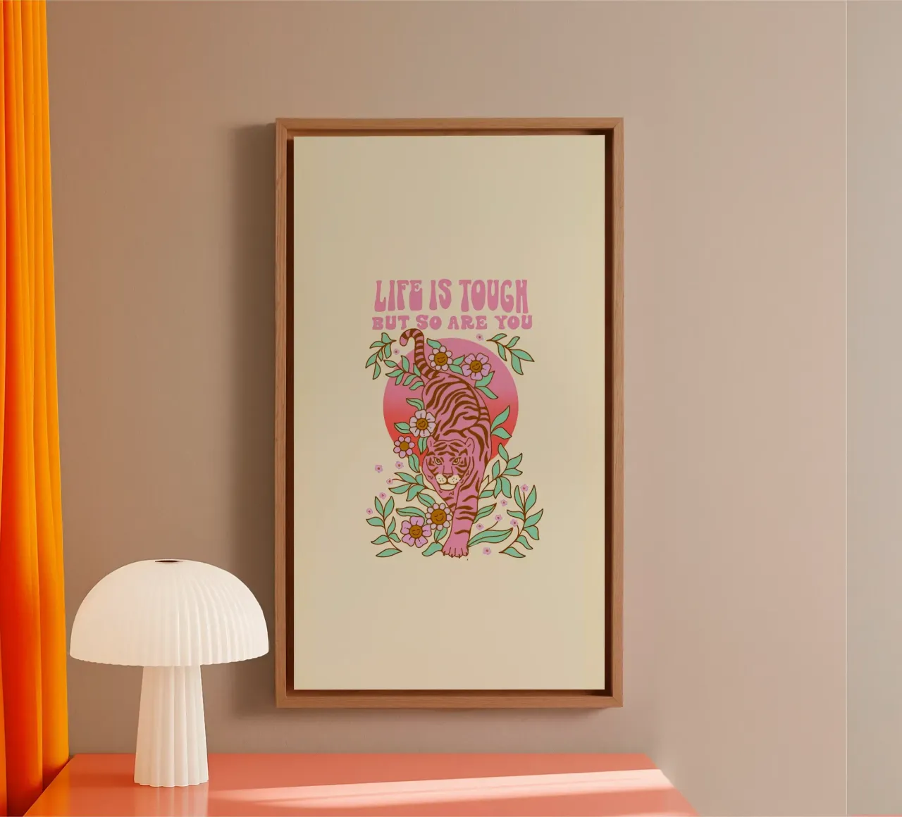 Life Is Tough Roze Tijger | Retro Boho Kunstdruk canvas met Baklijst van NorwesClub
