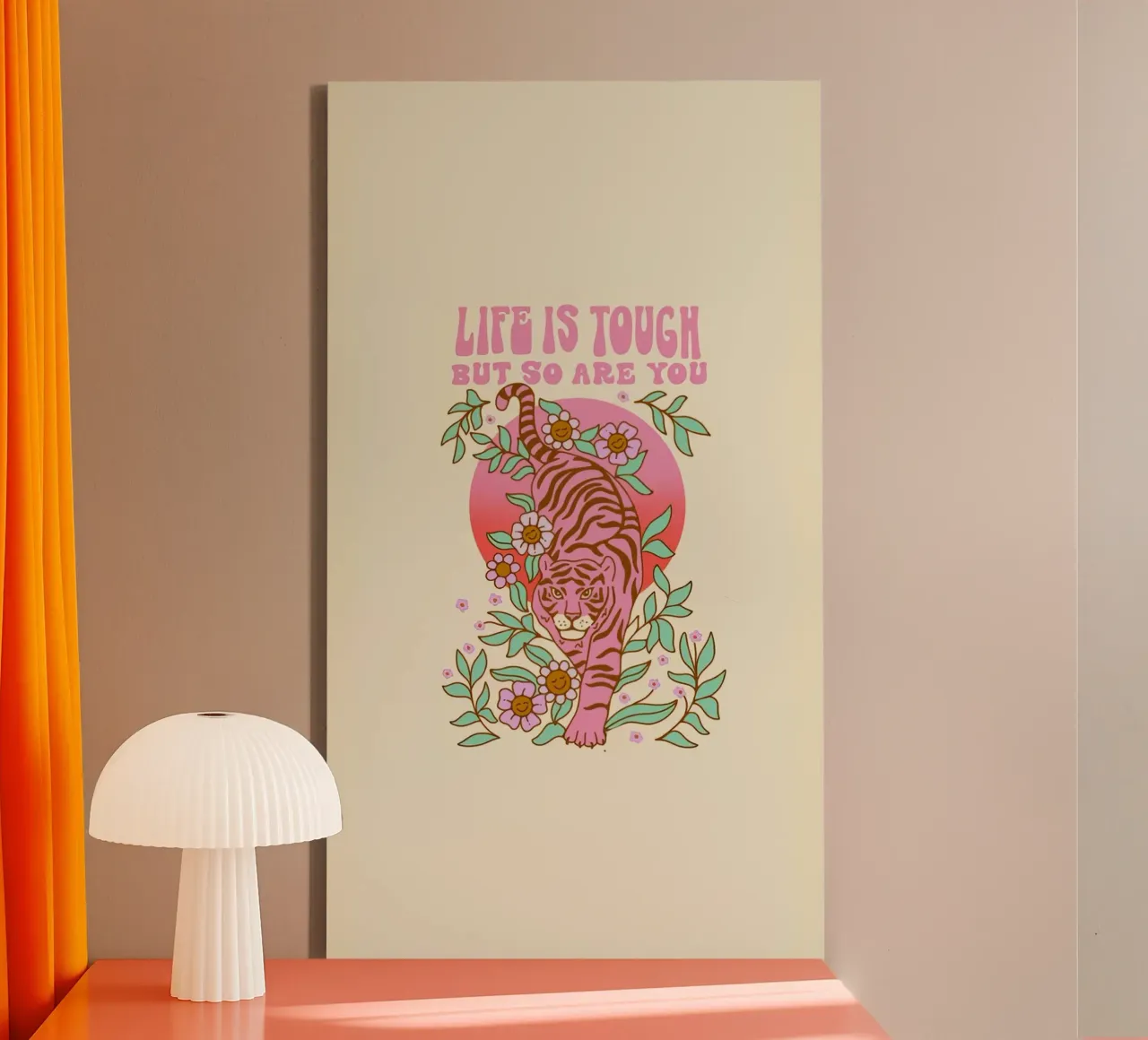 Life Is Tough Roze Tijger | Retro Boho Kunstdruk canvas met Baklijst van NorwesClub