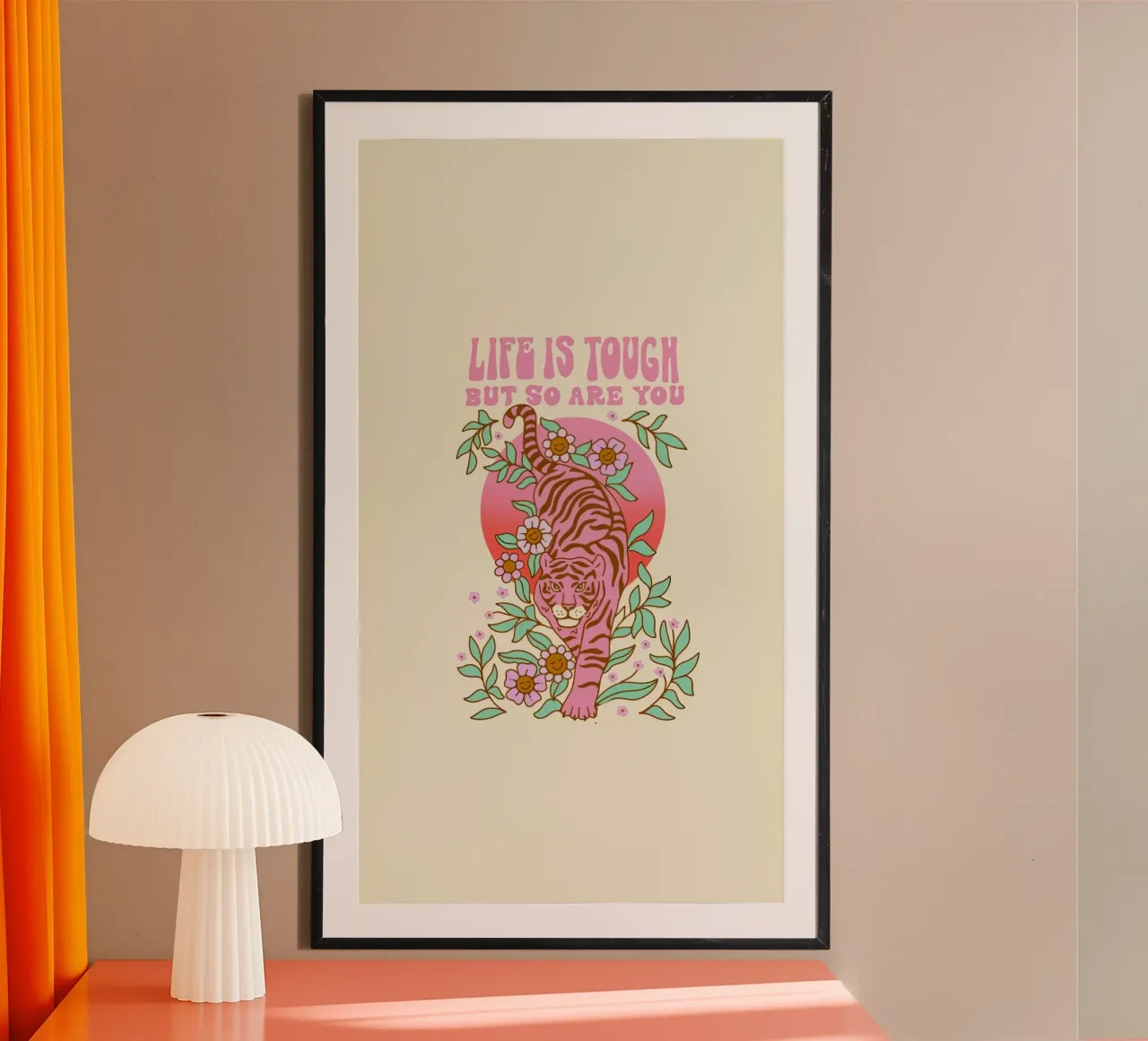 Life Is Tough Roze Tijger | Retro Boho Kunstdruk poster van NorwesClub