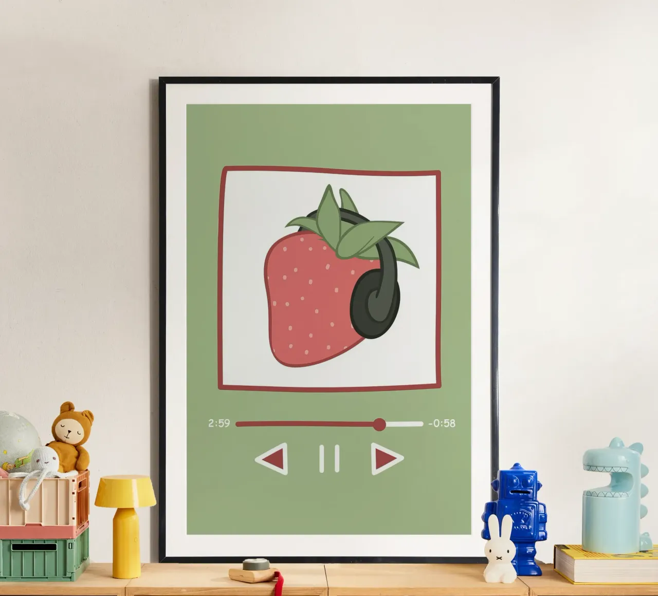 Fragola con le cuffie | Arte musicale stravagante poster con telaio in legno da NorwesClub