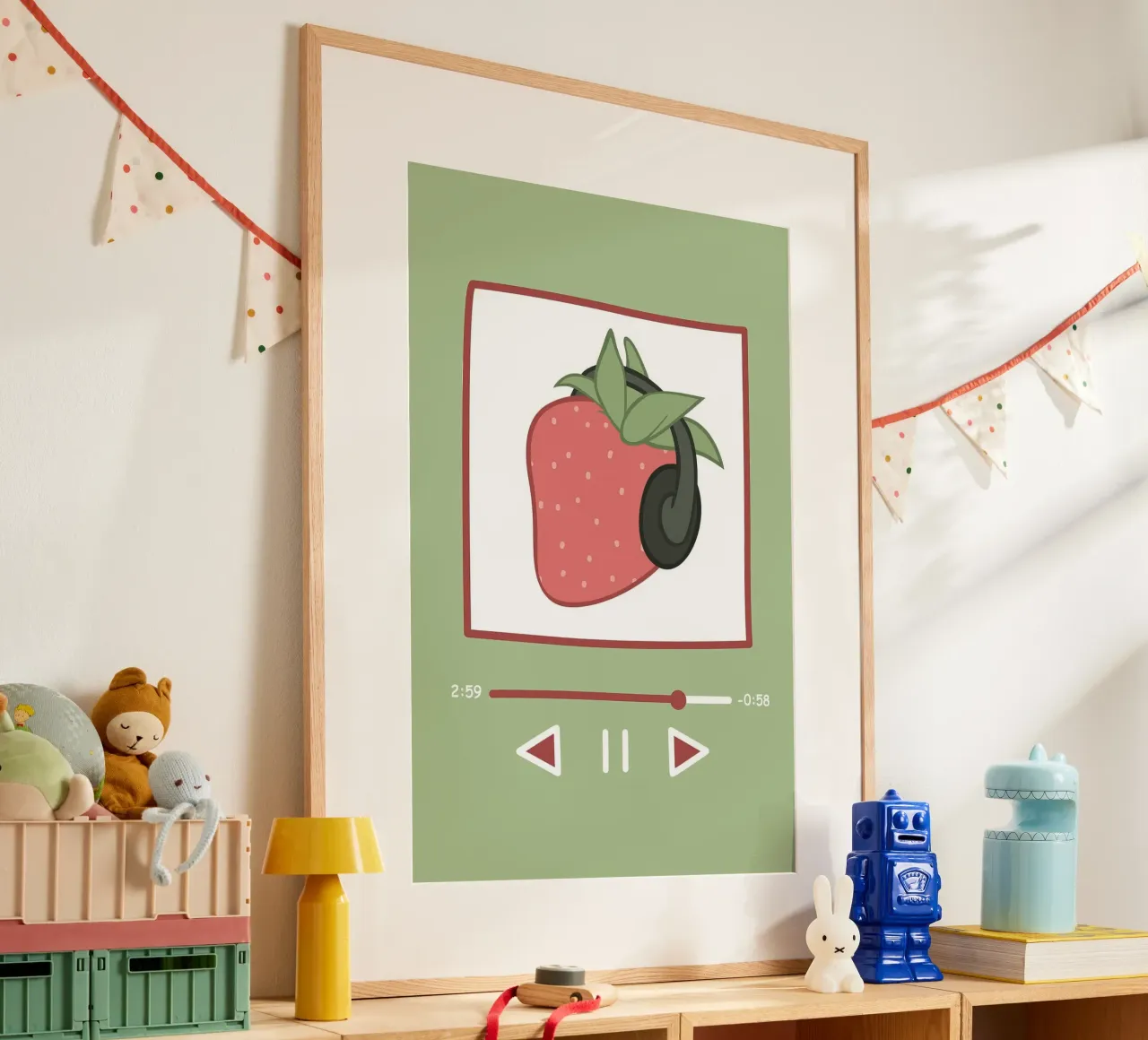 Fragola con le cuffie | Arte musicale stravagante poster con telaio in legno da NorwesClub