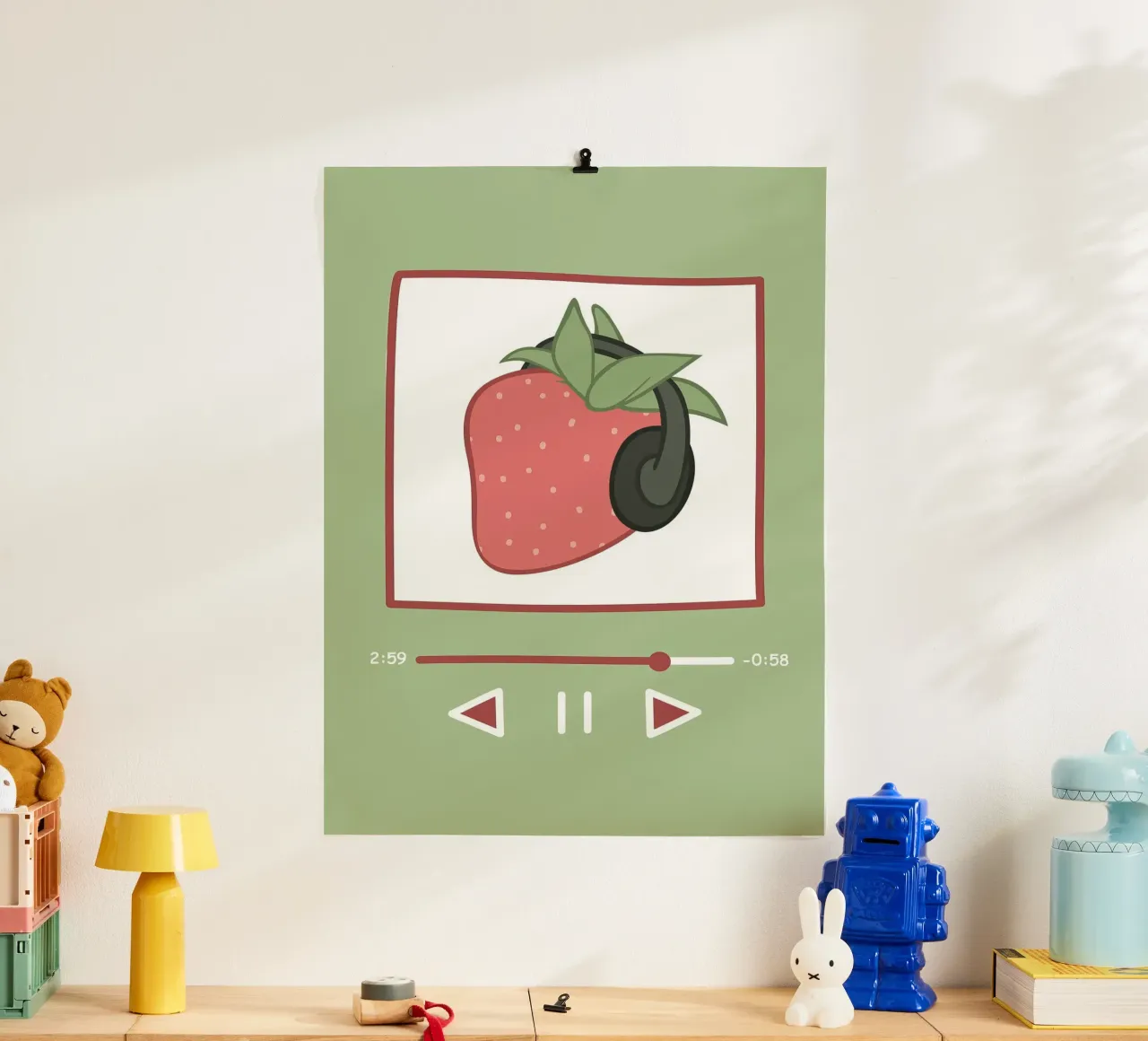 Fragola con le cuffie | Arte musicale stravagante poster con telaio in legno da NorwesClub
