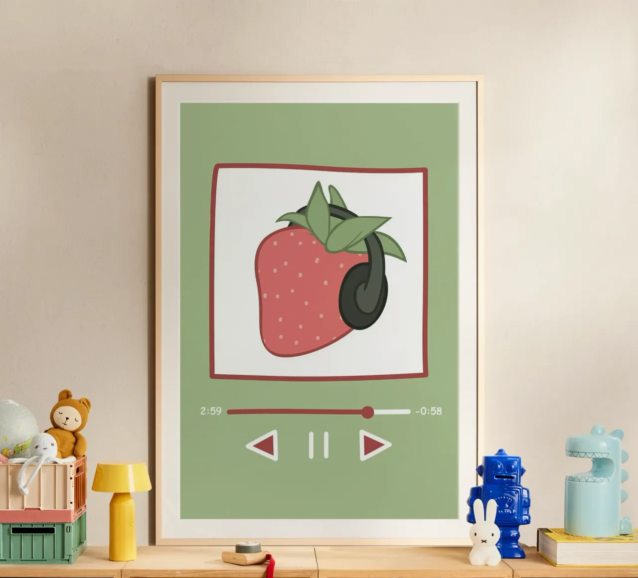 Fragola con le cuffie | Arte musicale stravagante poster con telaio in legno da NorwesClub
