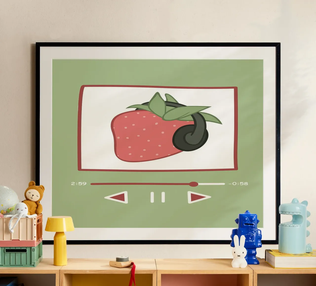 Fragola con le cuffie | Arte musicale stravagante poster con telaio in legno da NorwesClub