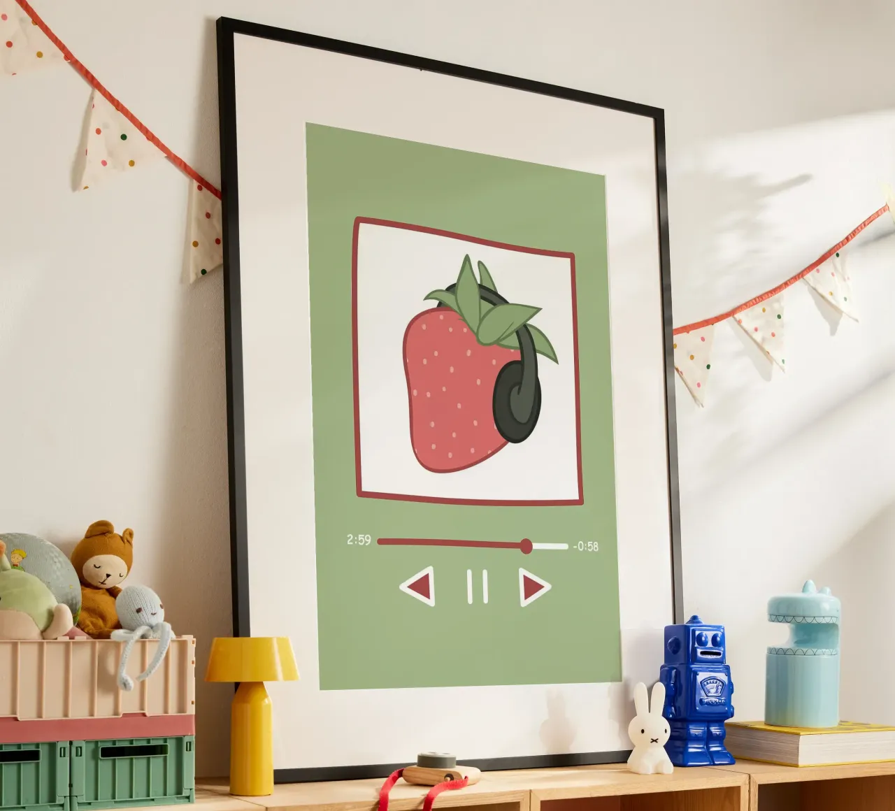 Fragola con le cuffie | Arte musicale stravagante poster con telaio in legno da NorwesClub