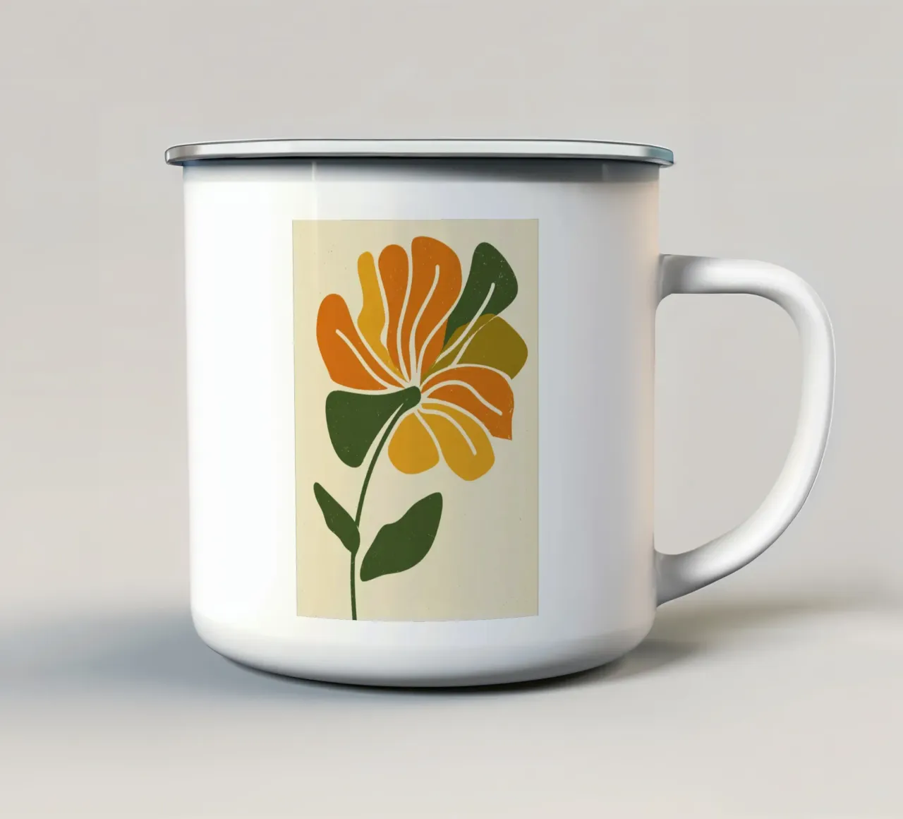 Découpage rétro d'une fleur abstraite dans les tons orange et vert mug en émail de Modern Muse