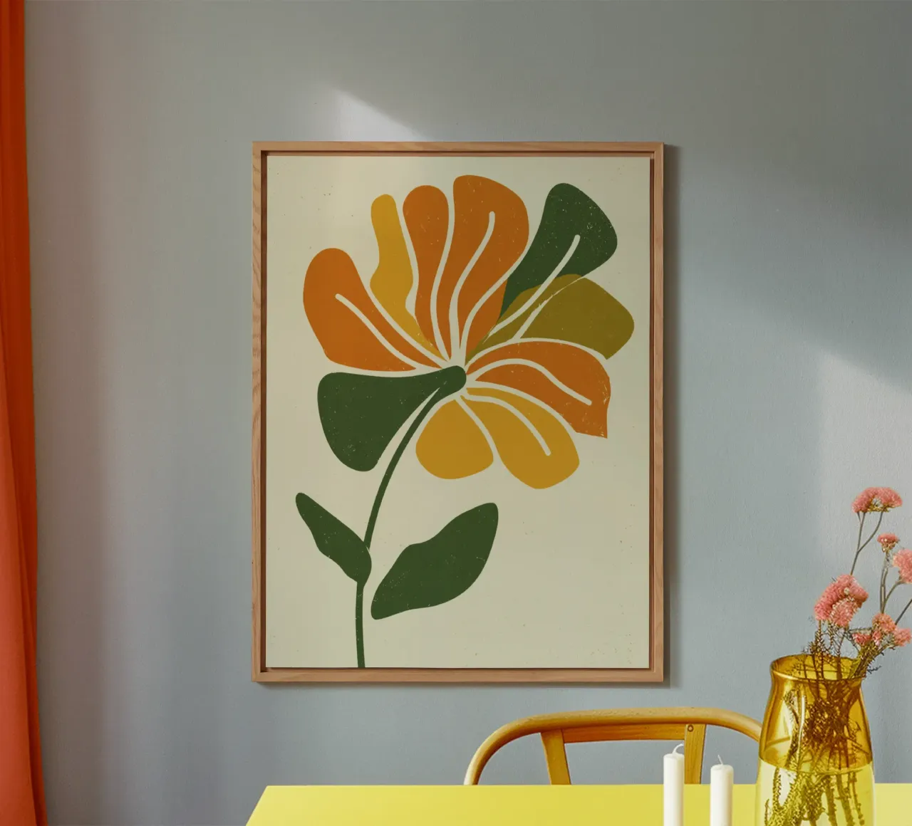 Découpage rétro d'une fleur abstraite dans les tons orange et vert alu dibond de Modern Muse
