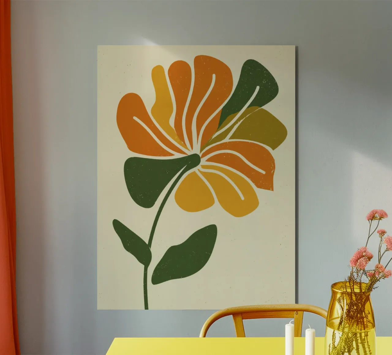Découpage rétro d'une fleur abstraite dans les tons orange et vert alu dibond de Modern Muse