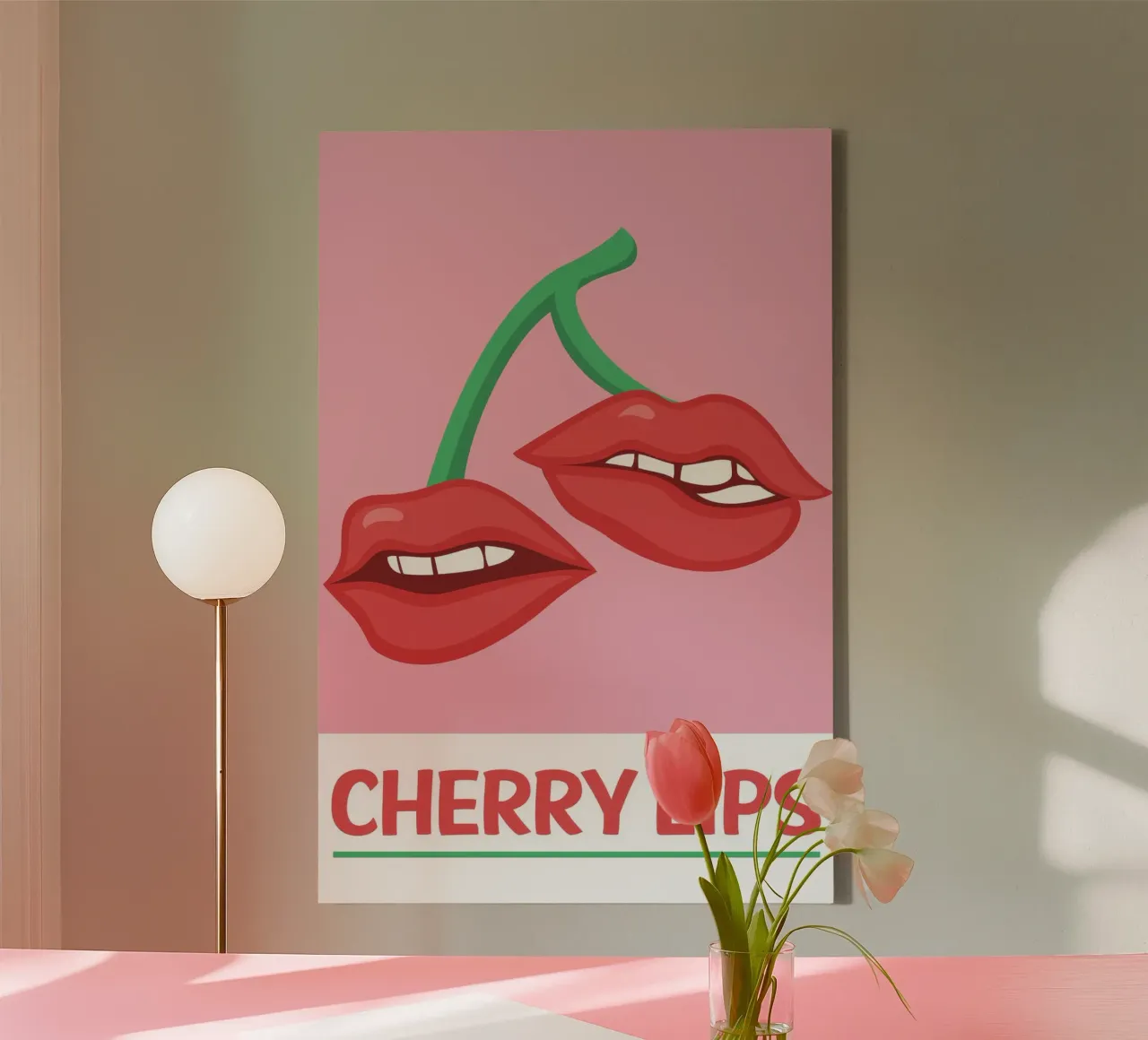 Kersen lippen grafische print | Esthetische Pop Art stijl canvas met Baklijst van NorwesClub