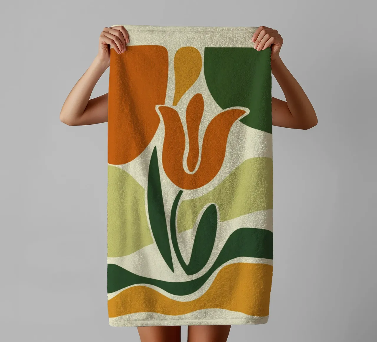 Silhouet van tulp op abstracte achtergrond in aardetinten badhanddoek van Modern Muse