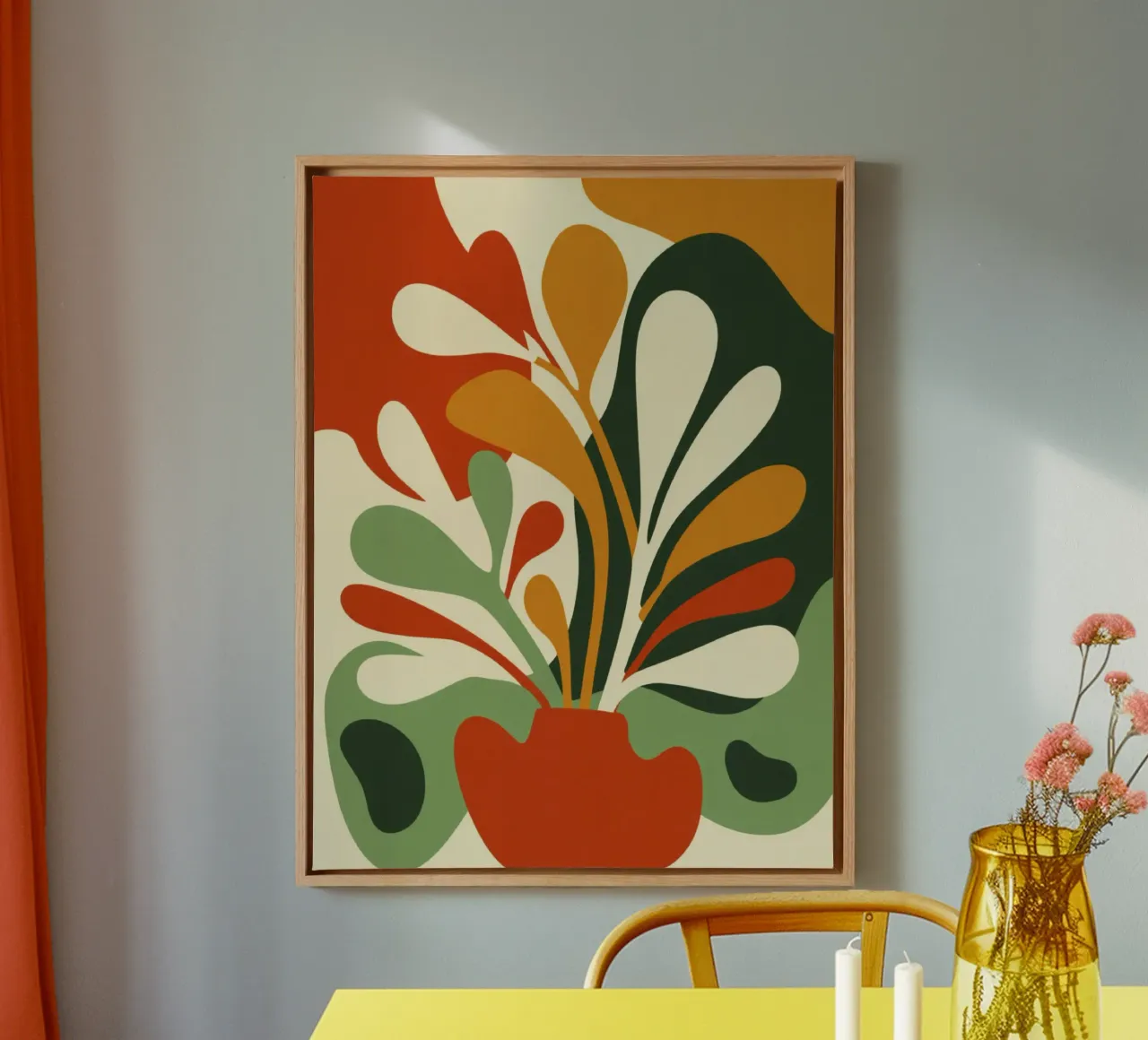 Abstract Red Planter with Plant in Bold Organic Shapes canvas with Floater frame by Modern Muse