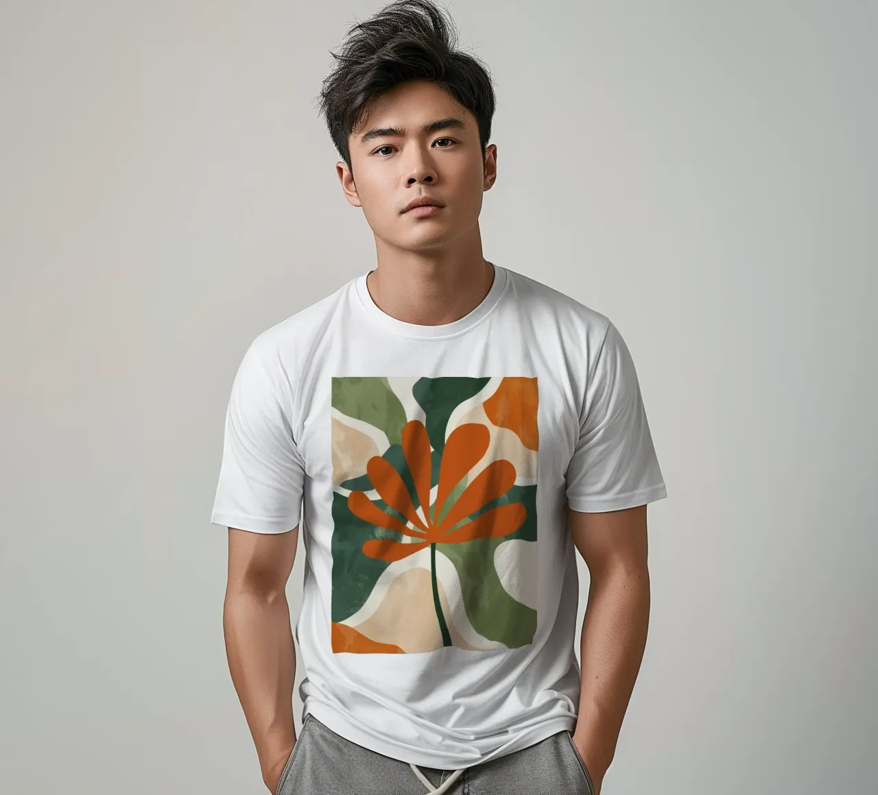 Orange Twig Silhouette on Abstract Earthy Shape Layers t-shirt by Modern Muse
