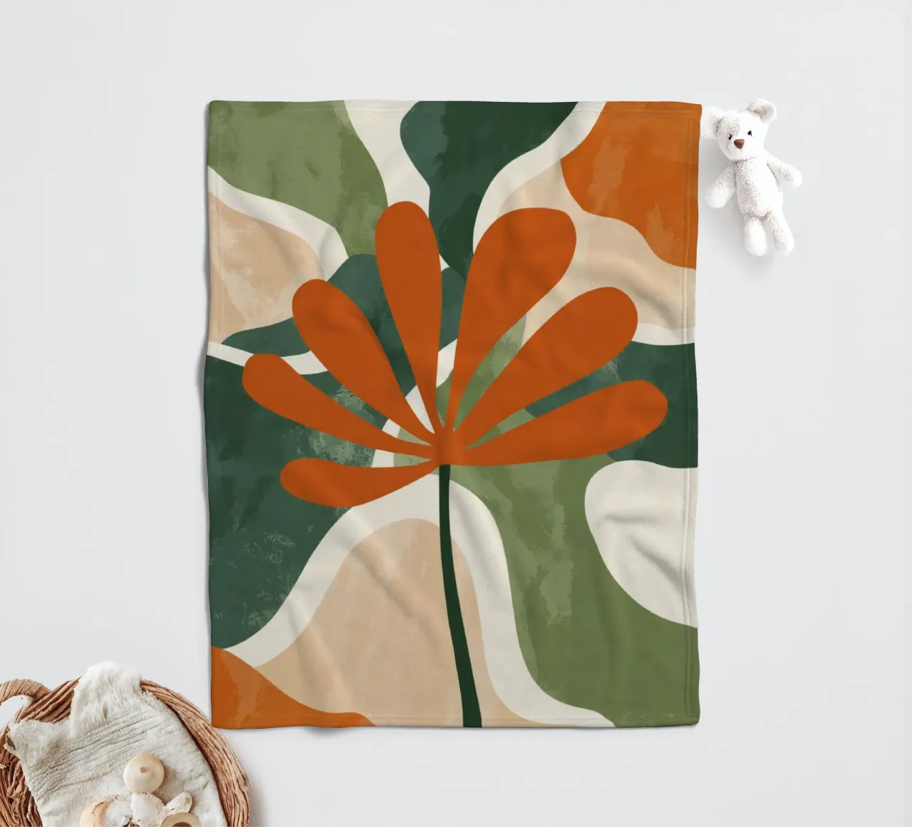 Orange Twig Silhouette on Abstract Earthy Shape Layers fleece blanket by Modern Muse