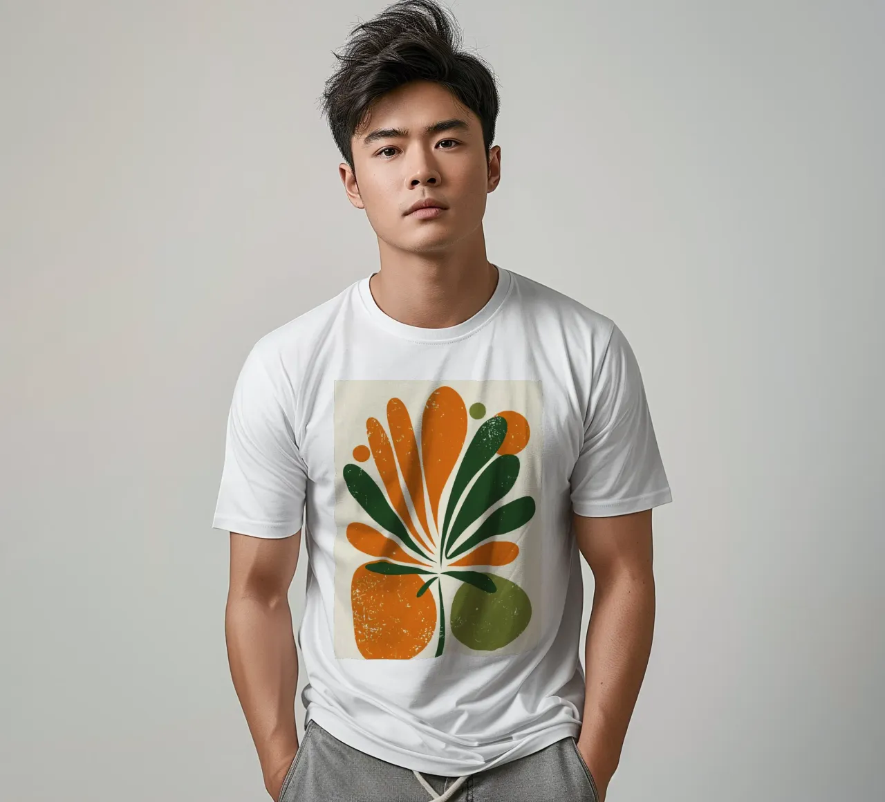 Orange Green Twig Silhouette on Soft Abstract Shape Layers t-shirt by Modern Muse